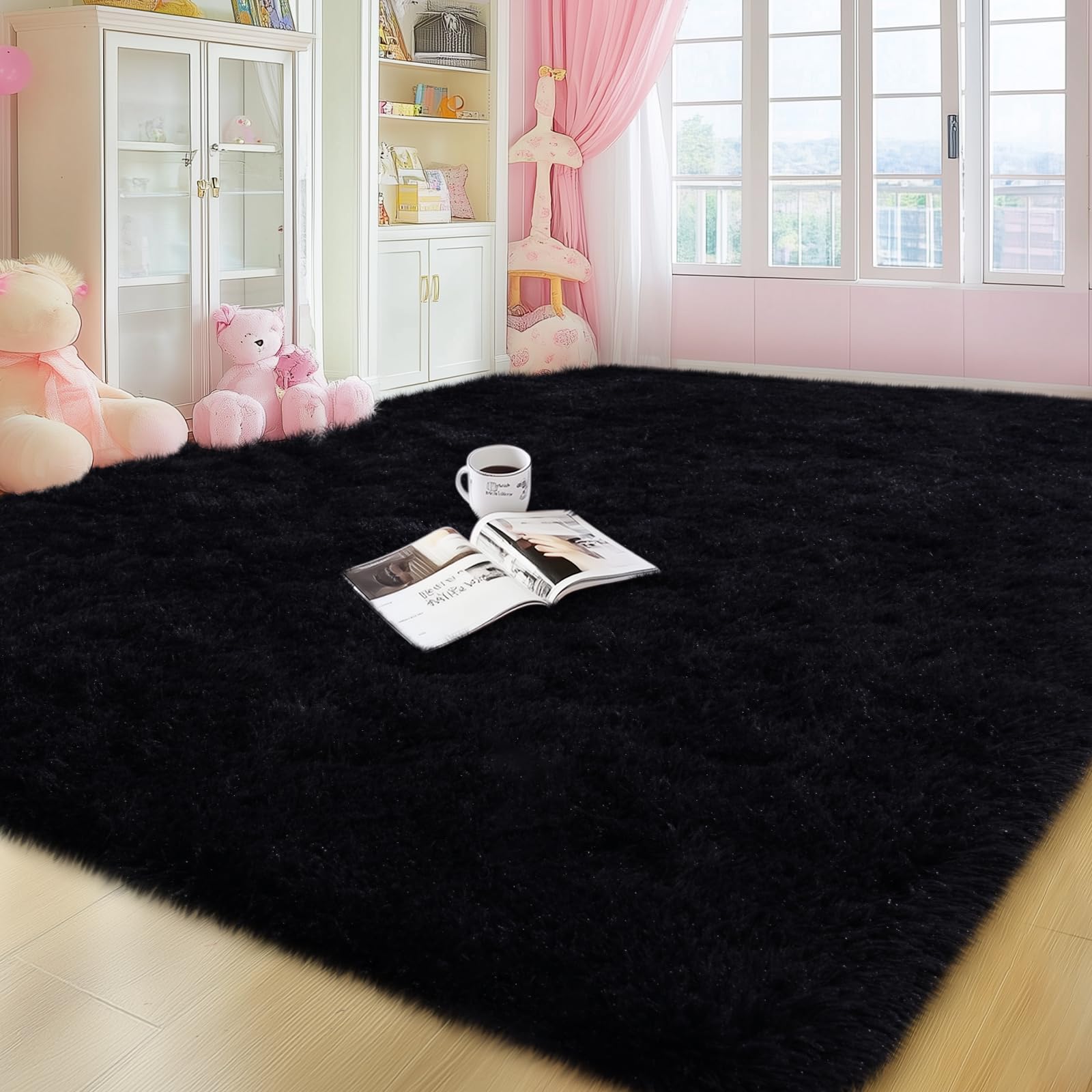 qulint Black Rug for Living Room 6x9, Soft Fluffy Bedroom Area Rug 6x9 Shag Shaggy Large Carpet, Fuzzy Alfombras para Salas Mode