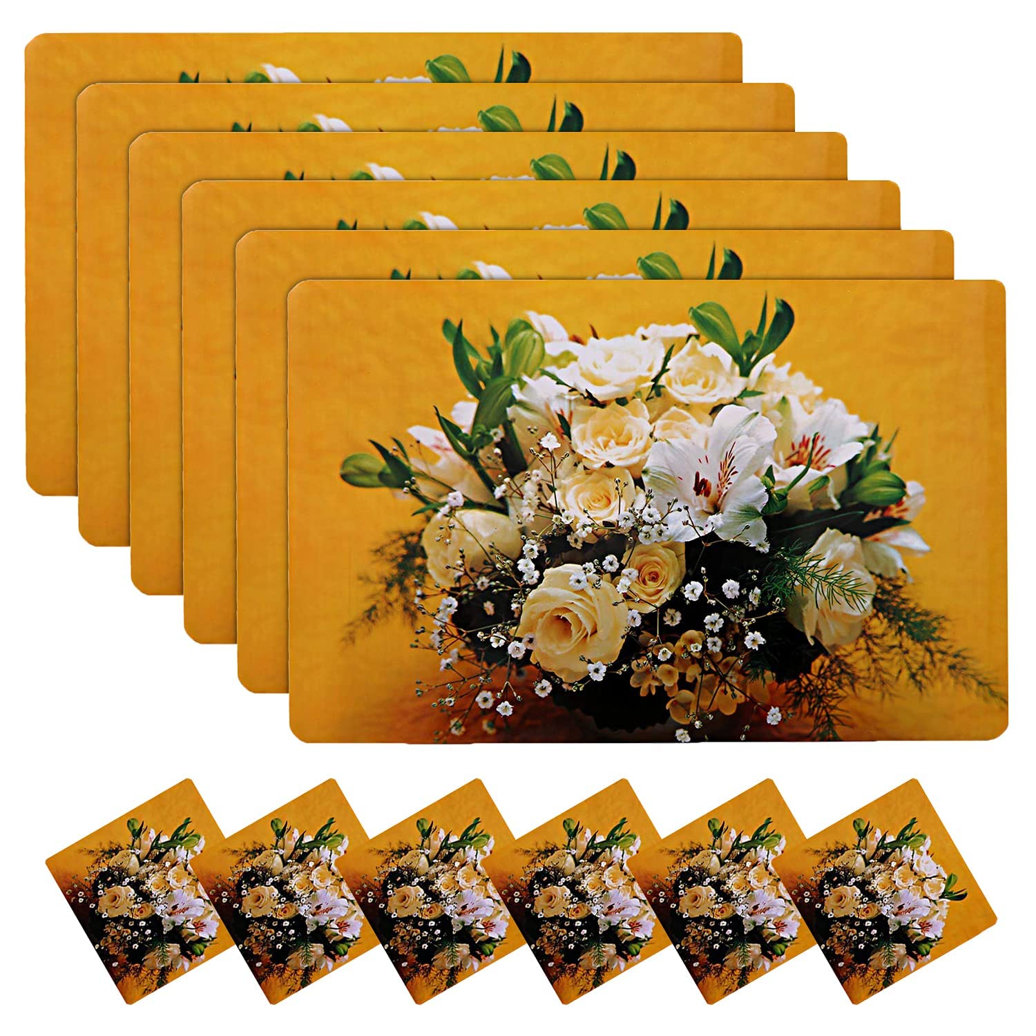 Kuber Industries Flowar Pot Design Pvc 6 Piece Dining Table Placemat Set With Tea Coasters (Yellow)-Ctktc32185