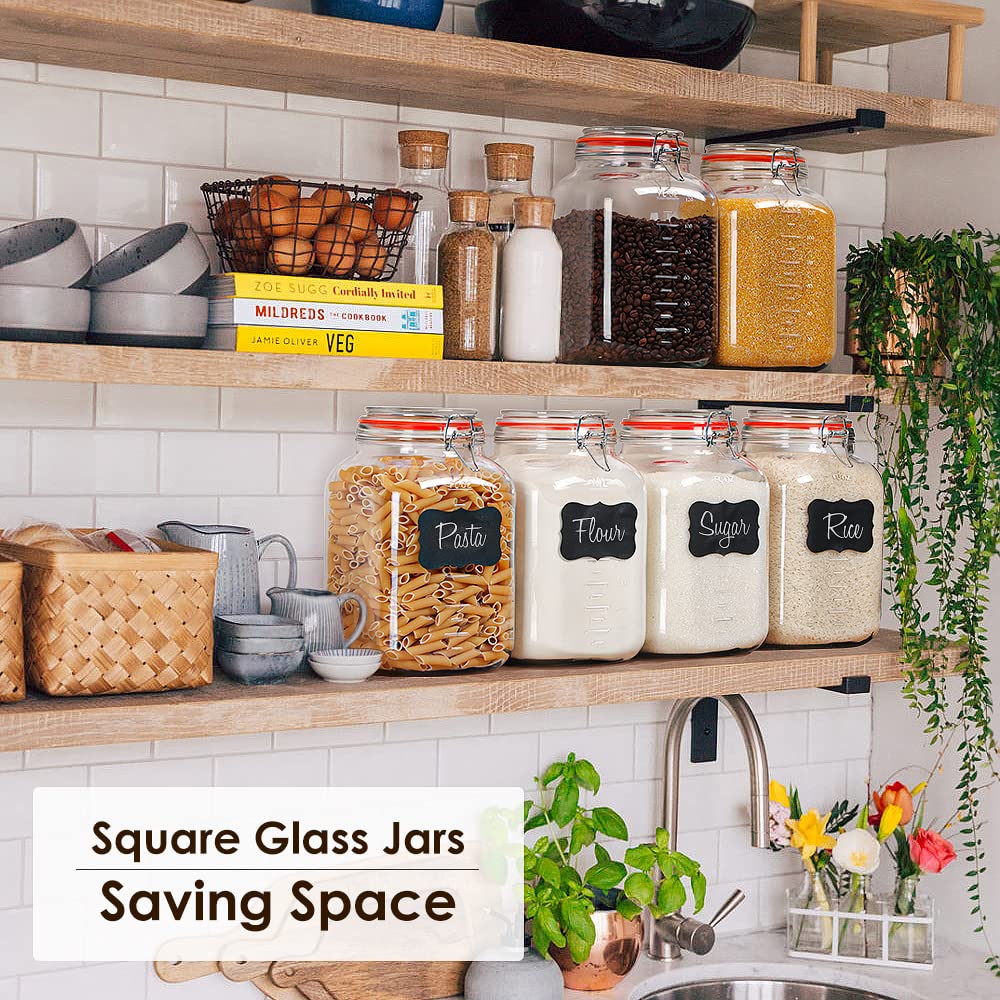 [Upgrade] 2 Pack Square Super Wide Mouth Airtight Glass Storage Jars With Lids, 1.1 Gallon Glass Jars With 2 Measurement Marks,