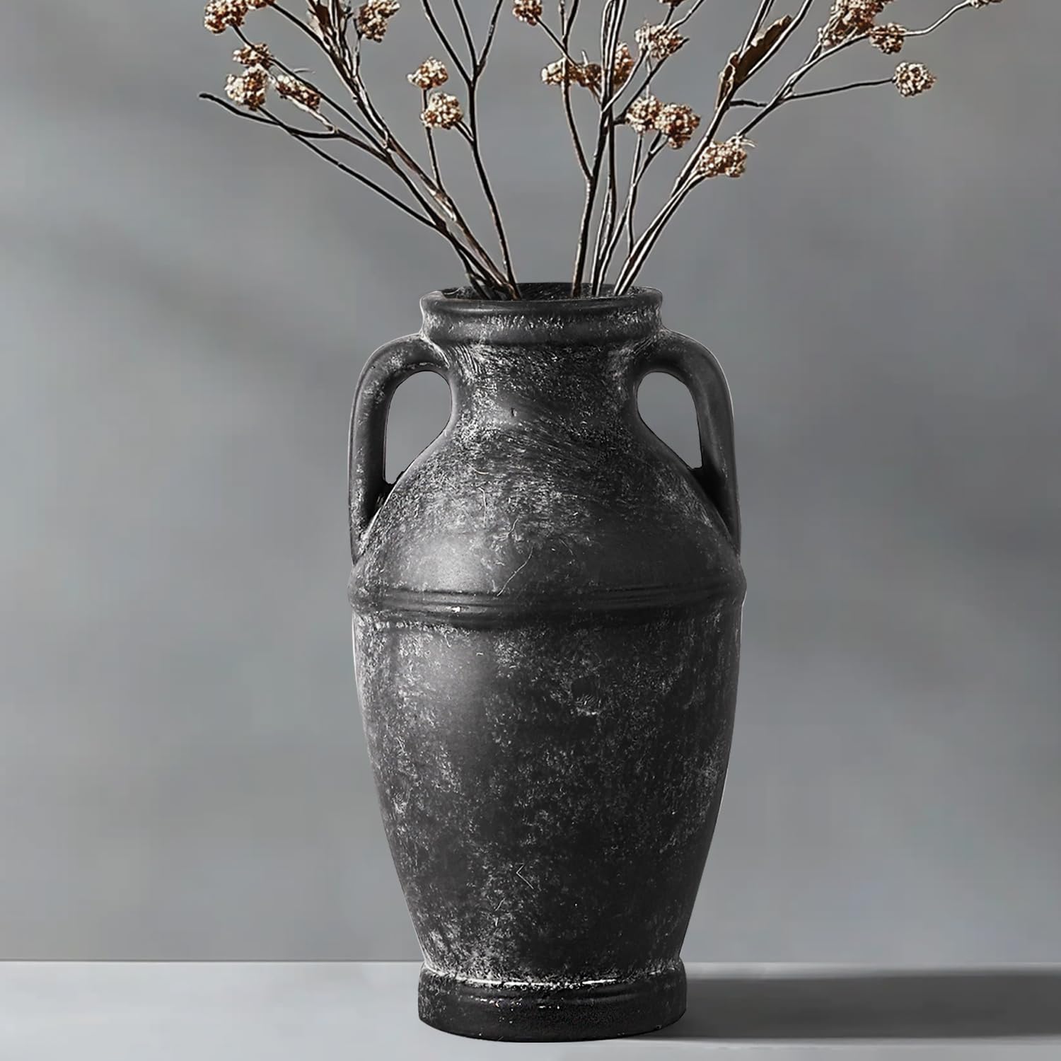 ComSaf Rustic Black Vase - Farmhouse Ceramic Flower Vases, Vintage Home Decoration Vase, Clay Vase, Vase Centerpiece for Table, 