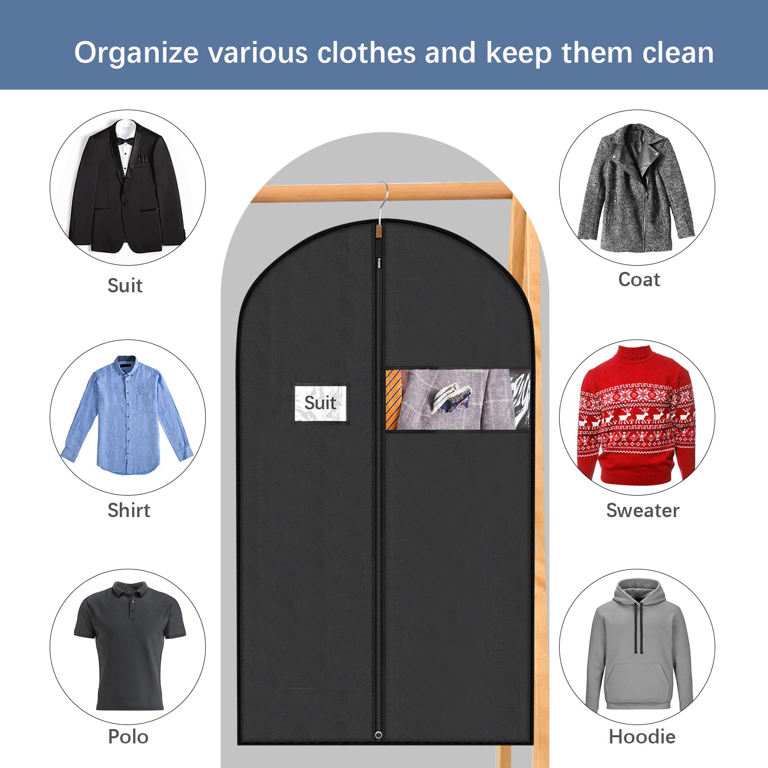 Mangotree Black Garment Bags, Men/Women Suit Bags For Travel, Garment Covers For Hanging Clothes, Nonwoven Breathable Clothing P