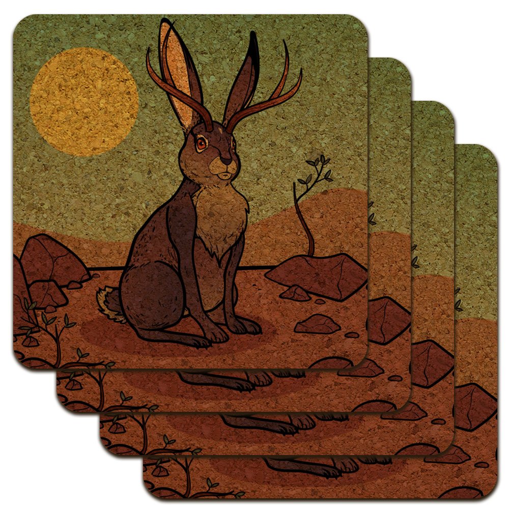 Cartoon Jackalope Low Profile Novelty Cork Coaster Set