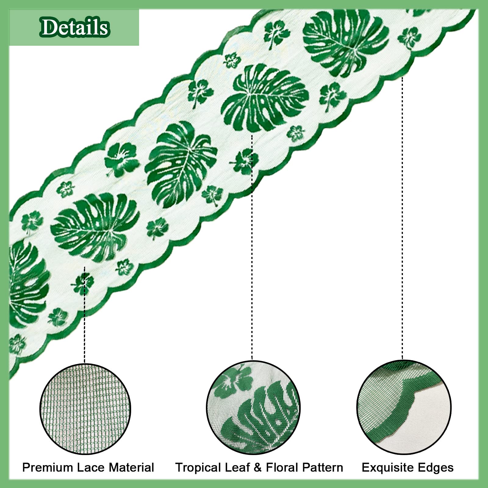 Tropical Table Runner For Palm Leaves Party Decorations - Green Lace Table Runner For Luau Wedding, Hawaiian, Havana Nights, Saf