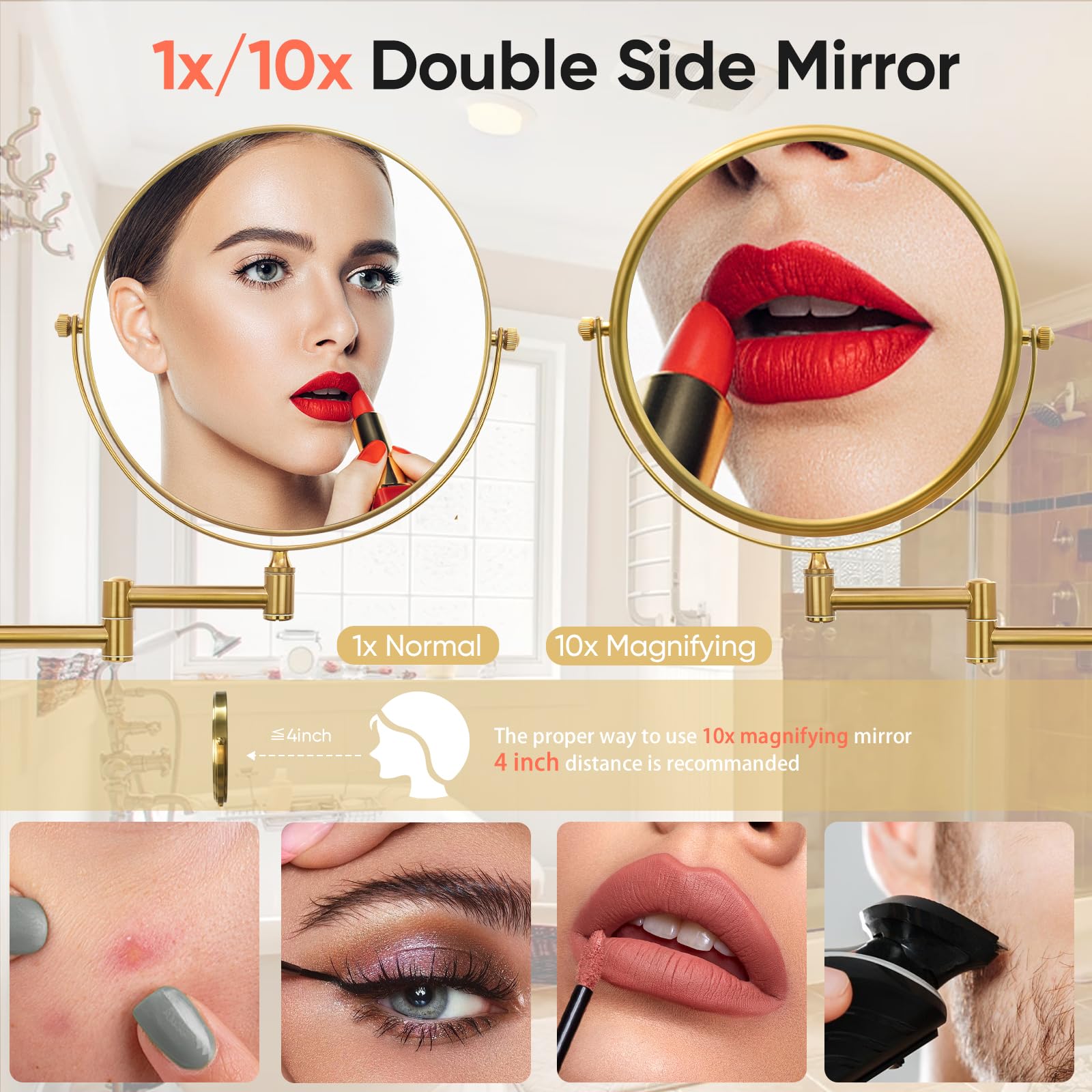 Gurun 8'' Wall Mounted Makeup Mirror With 10X Magnification,Two-Sided Swivel Bathroom Mirror,Brushed Gold Finish M1306Gj(8'',10X