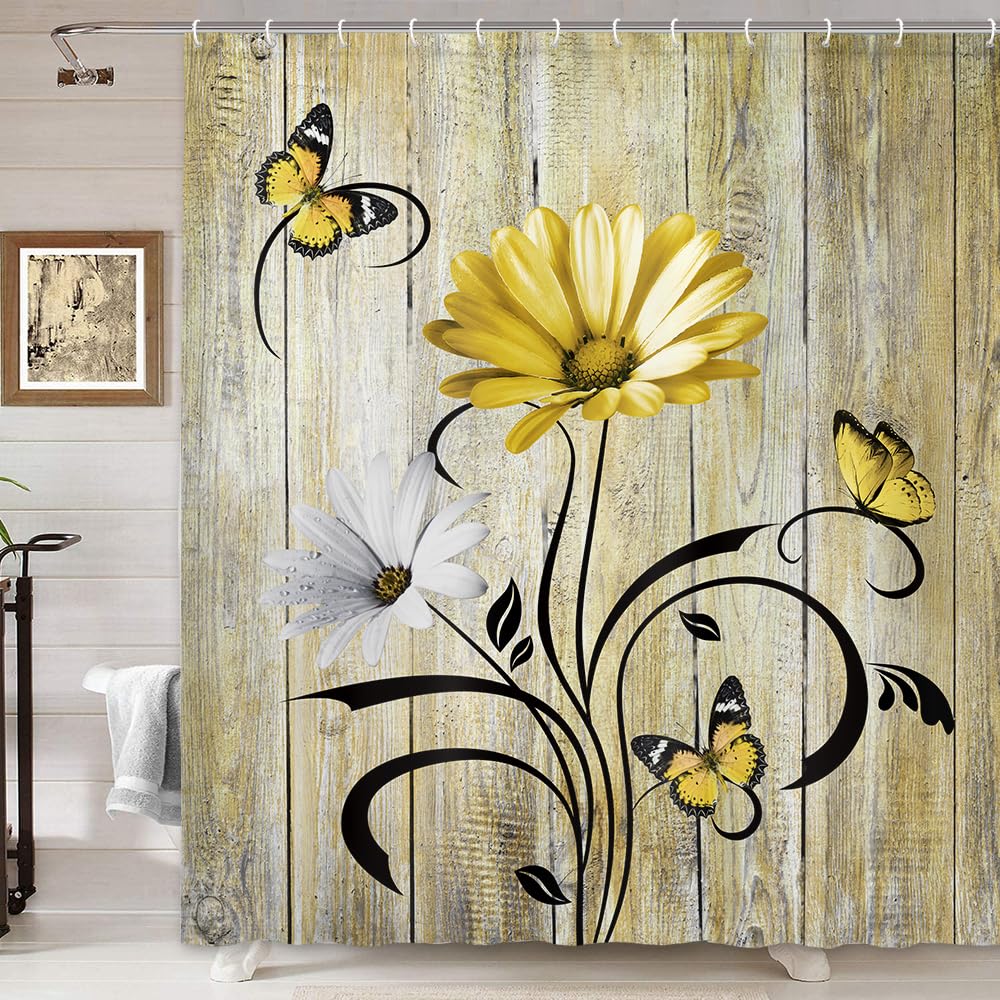 Rustic Farmhouse Floral Shower Curtain, Farm Boho Yellow Daisy Spring Flowers And Butterfly On Country Wooden Shower Curtain For