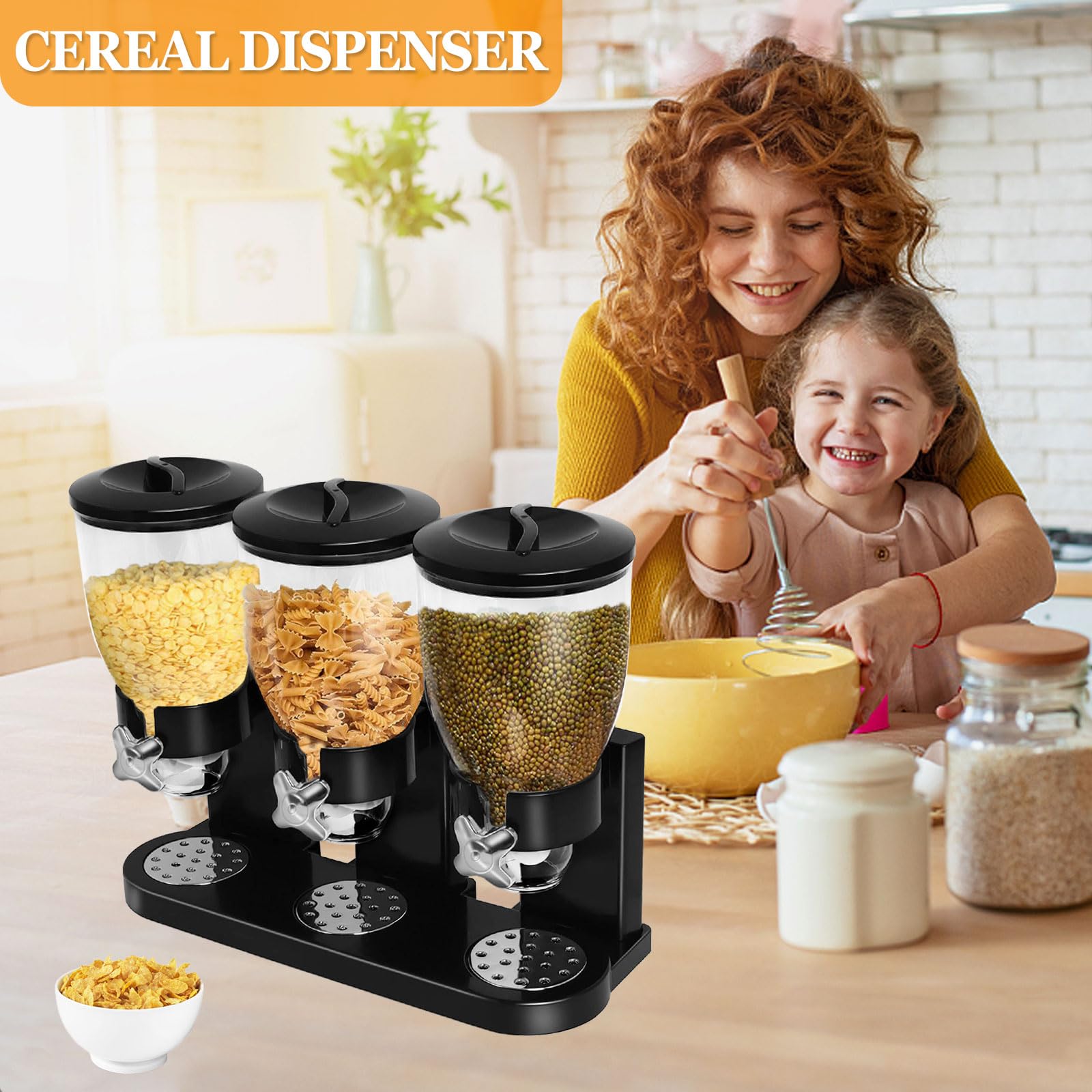 Cereal Dispenser Countertop, Large Capacity Cereal Dispenser For Pantry, Triple Dry Food Dispenser Cereal Containers Storage Dis
