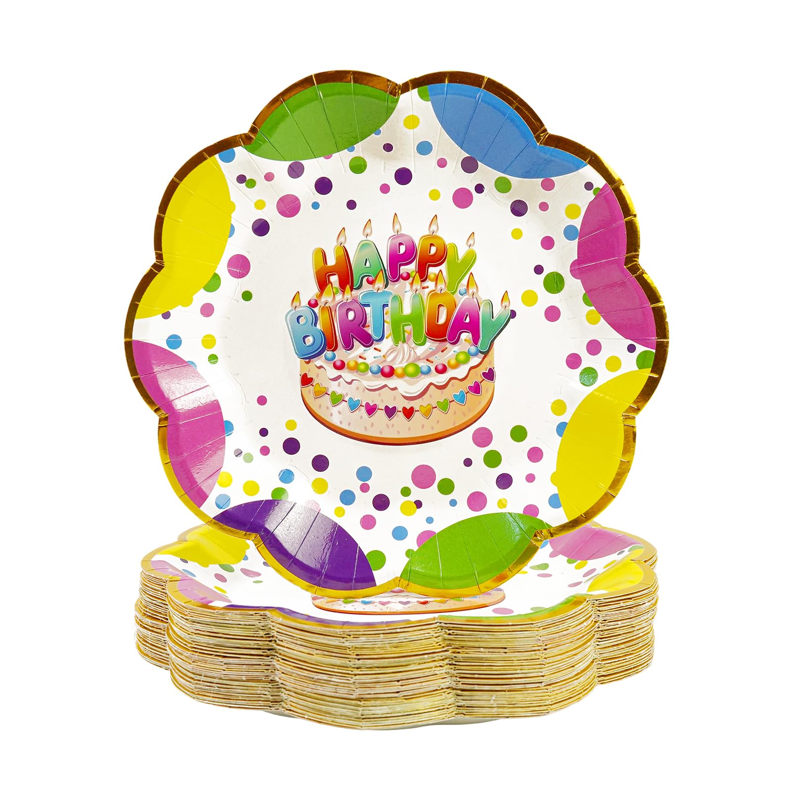 BOKFJBP 50pcs Happy Birthday Paper Plates, Disposable Scalloped 7 Colorful Scalloped Rainbow Dots Candle Cake Party Plate for Bi
