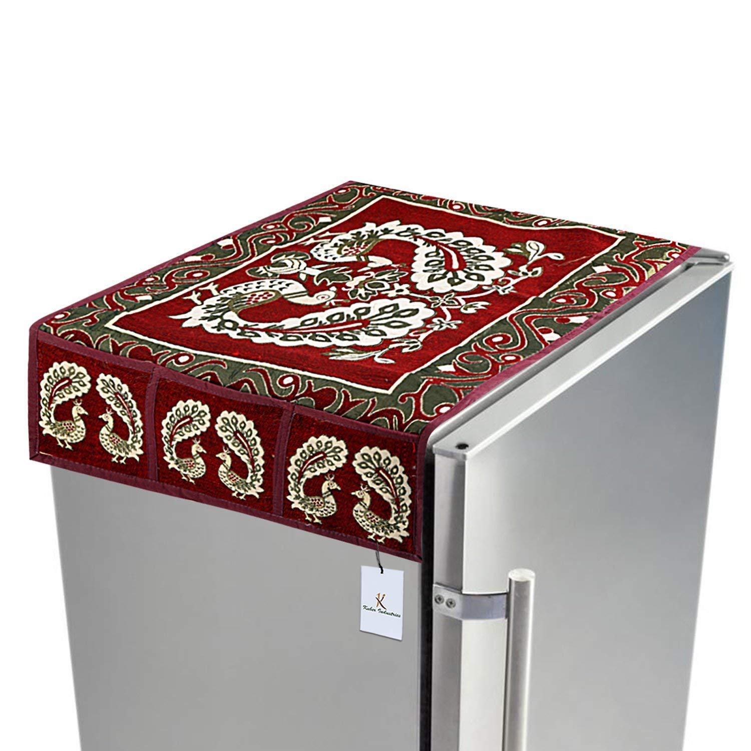 Kuber Industriestm Red Cotton Fridge Top Cover (Peacock Design) (Fc09)