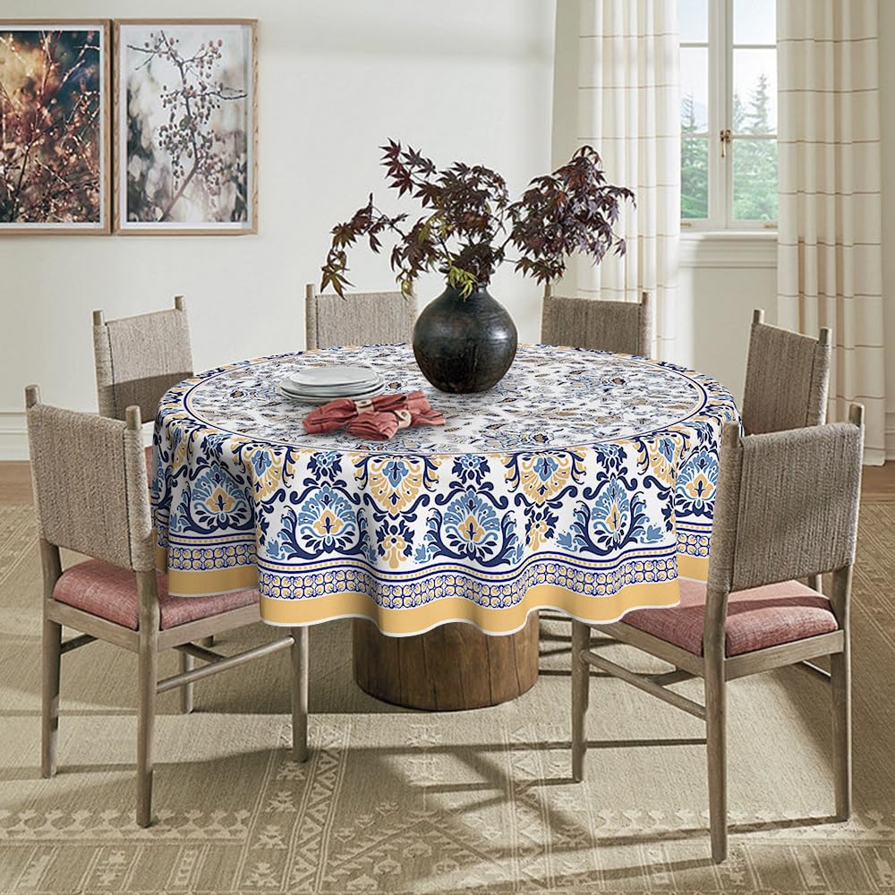 Horaldaily Arabesque Round Tablecloth 70  70 Inch Round, Yellow And Blue Floral Rustic Washable Table Cover For Party Picnic Din