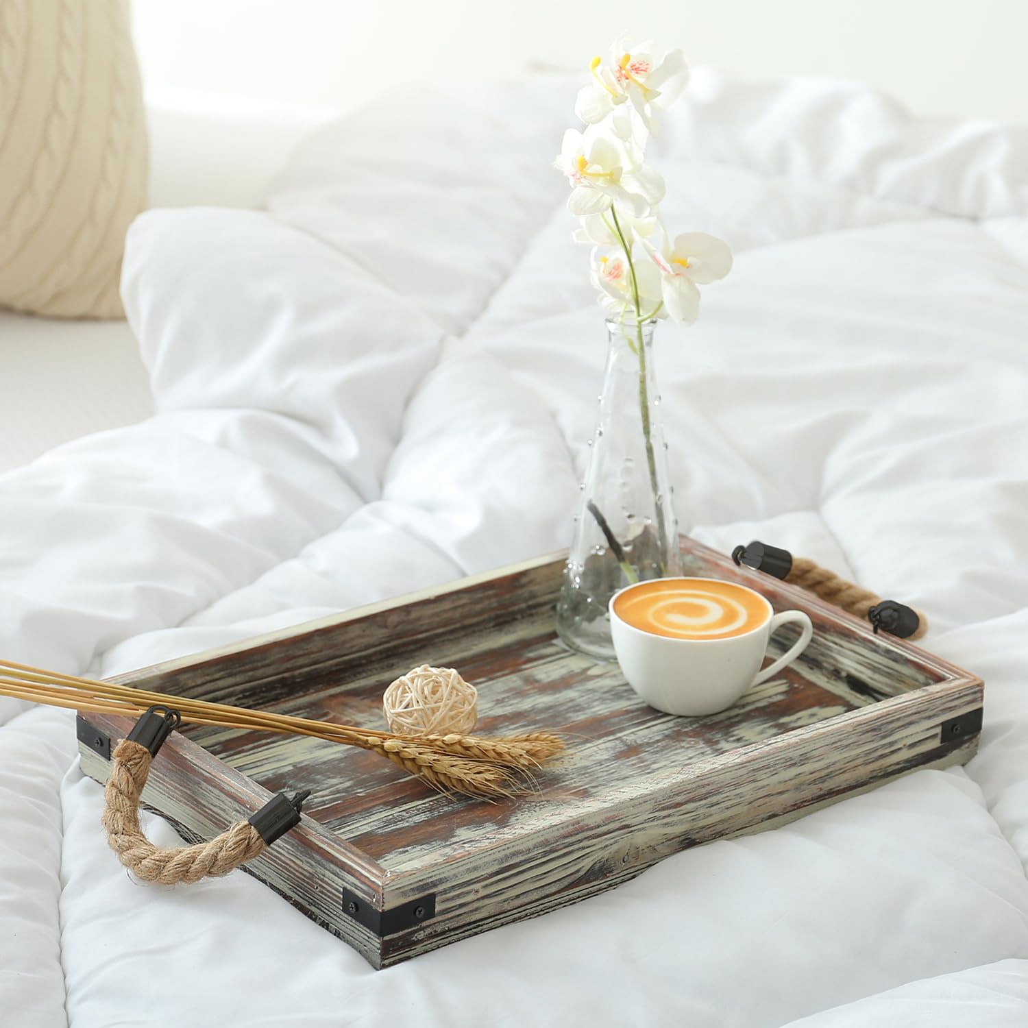 Mygift 2 Piece Set Rustic Torched Wood And Black Metal Decorative Nesting Serving Trays With Rope Handles For Breakfast In Bed,