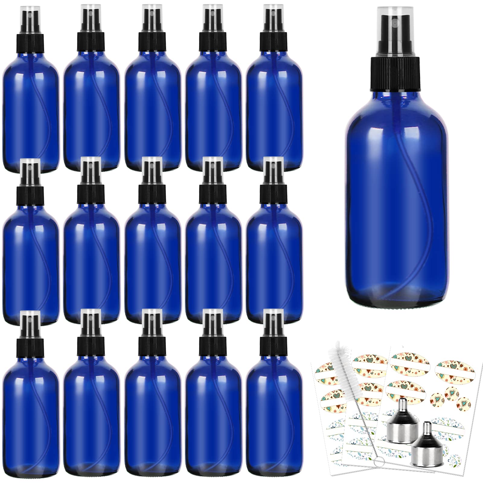 Cyclemore 120Ml 16 Pack 4Oz Blue Glass Spray Bottles With Fine Mist Sprayers, Glass Travel Bottles For Cosmetic, Essential Oils,