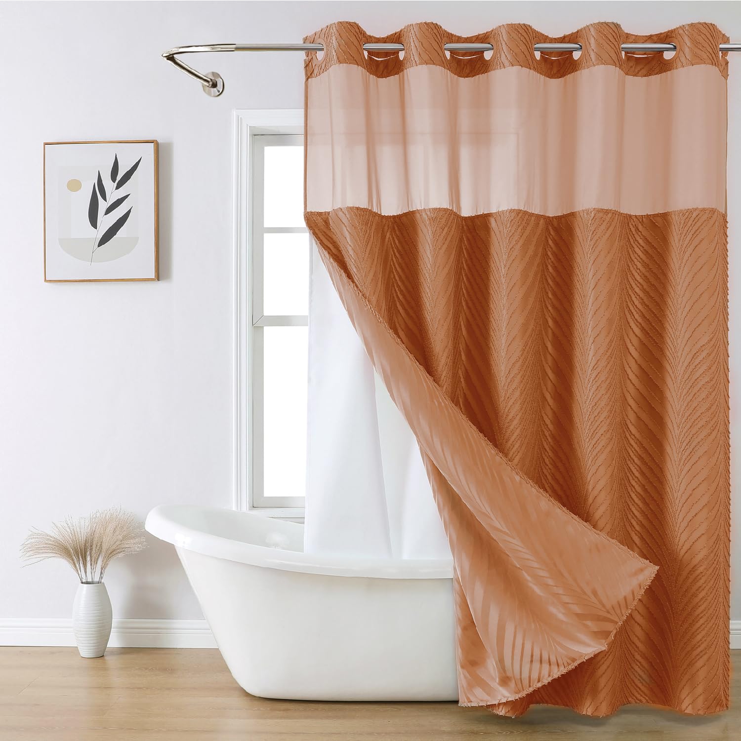 Eachope No Hook Shower Curtain And Liner Set,Boho Style With See Through Top Window, Burntorange Fabric Tufted Striped Textured