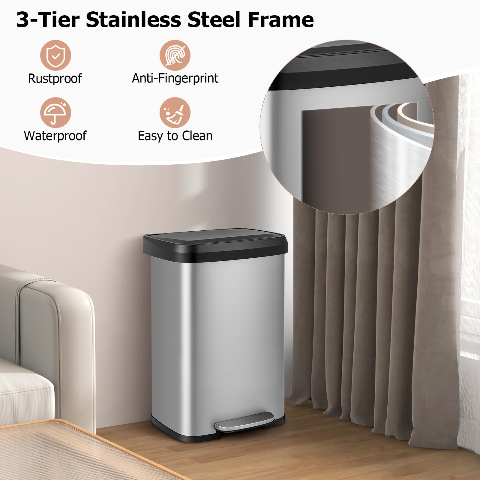 Tangzon 50L Recycling Pedal Bin, Stainless Steel Kitchen Bin With Removable Bucket, Soft Close Lid, Handle & Non-Slip Base, Fing