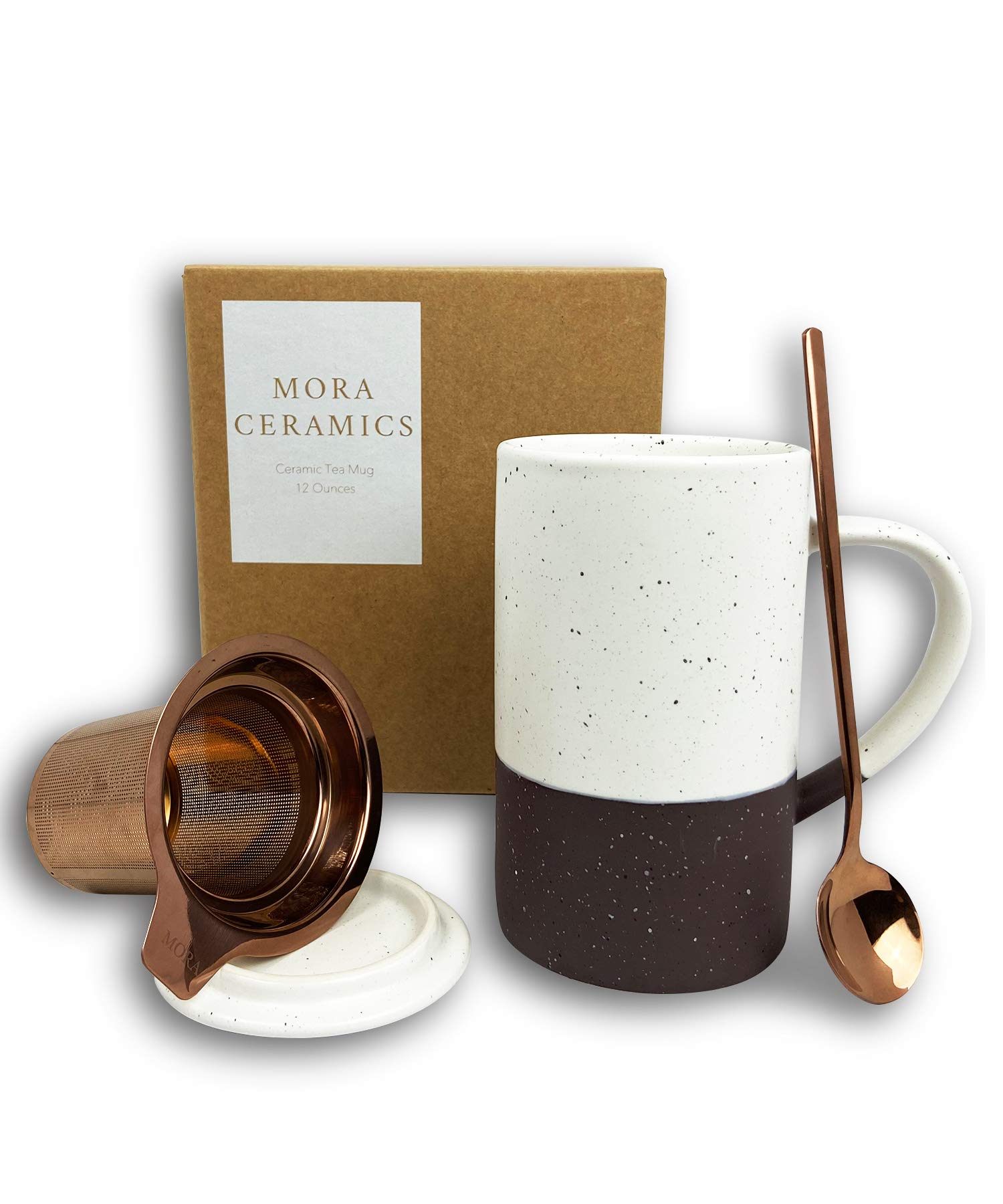 Mora Ceramics Tea Cup with Loose Leaf Infuser, Spoon and Lid, 12 oz, Microwave and Dishwasher Safe Coffee Mug - Rustic Matte Cer