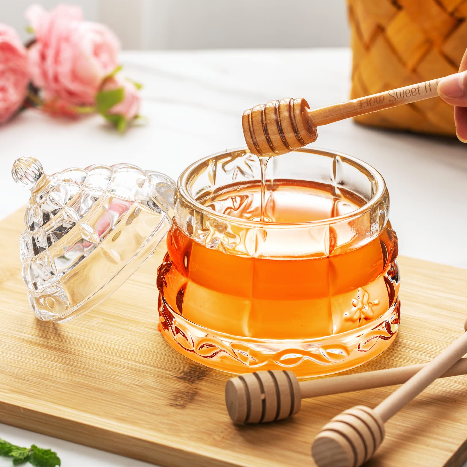 M&N HOME Honey Dish with 3 Dippers, Honey Jar, Large Glass Honey Pot storage with Lid and Inscribed Wooden Honey Dippers, Glass