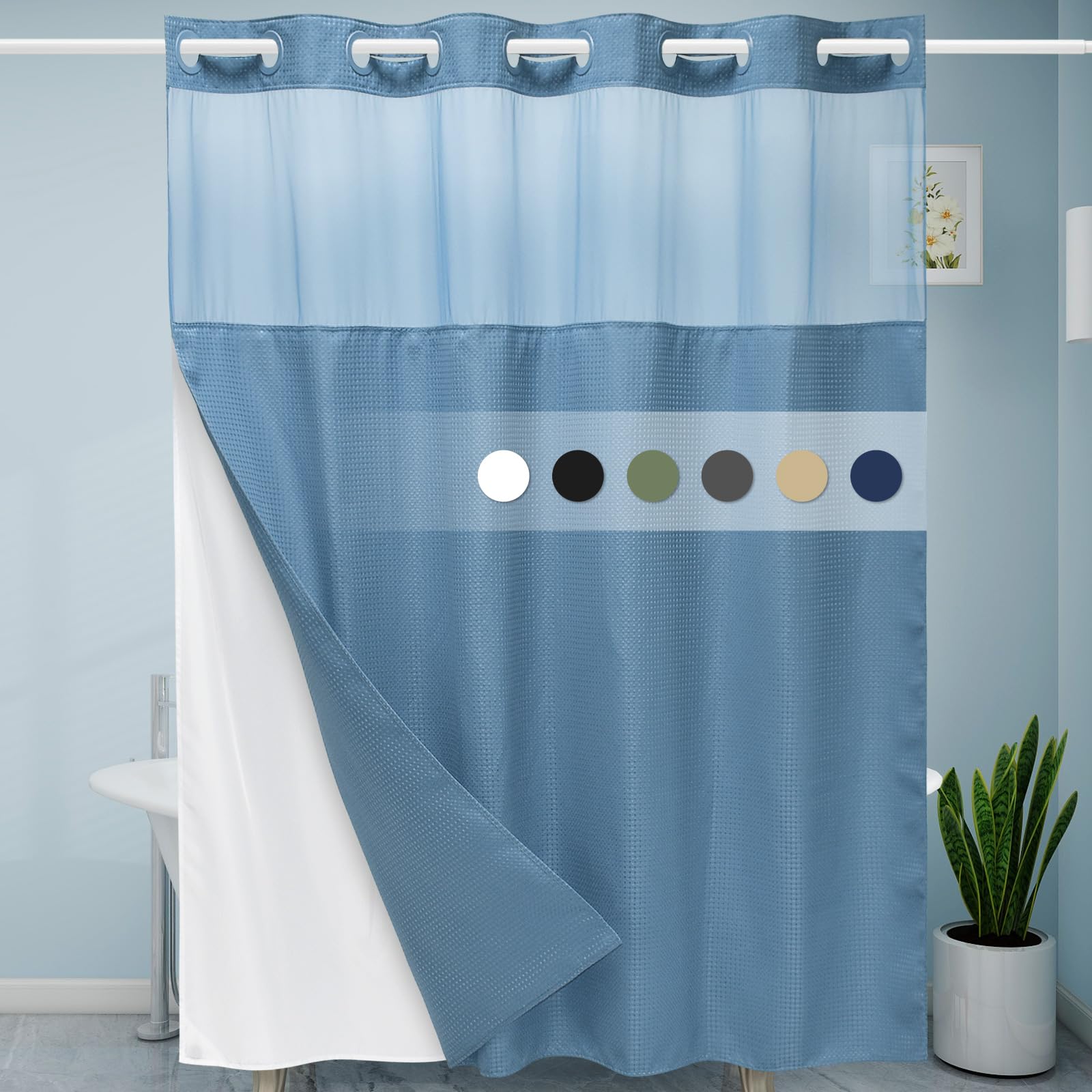 Eutxl Moonlight Blue No Hook Shower Curtain With Snap In Liner,230Gsm Waffle Weave Shower Curtains For Bathroom,71W X 74H