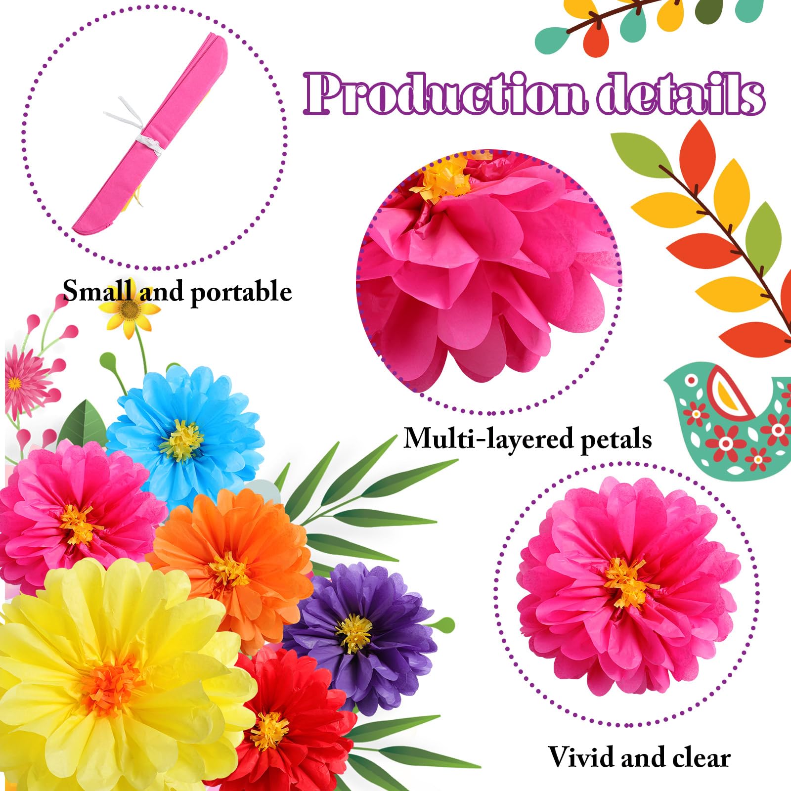 Watersay 36 Pcs 10 20 Giant Mexican Fiesta Paper Flowers Colorful Tissue Crepe Flowers Pom Poms Craft for Floral Party Backdrop
