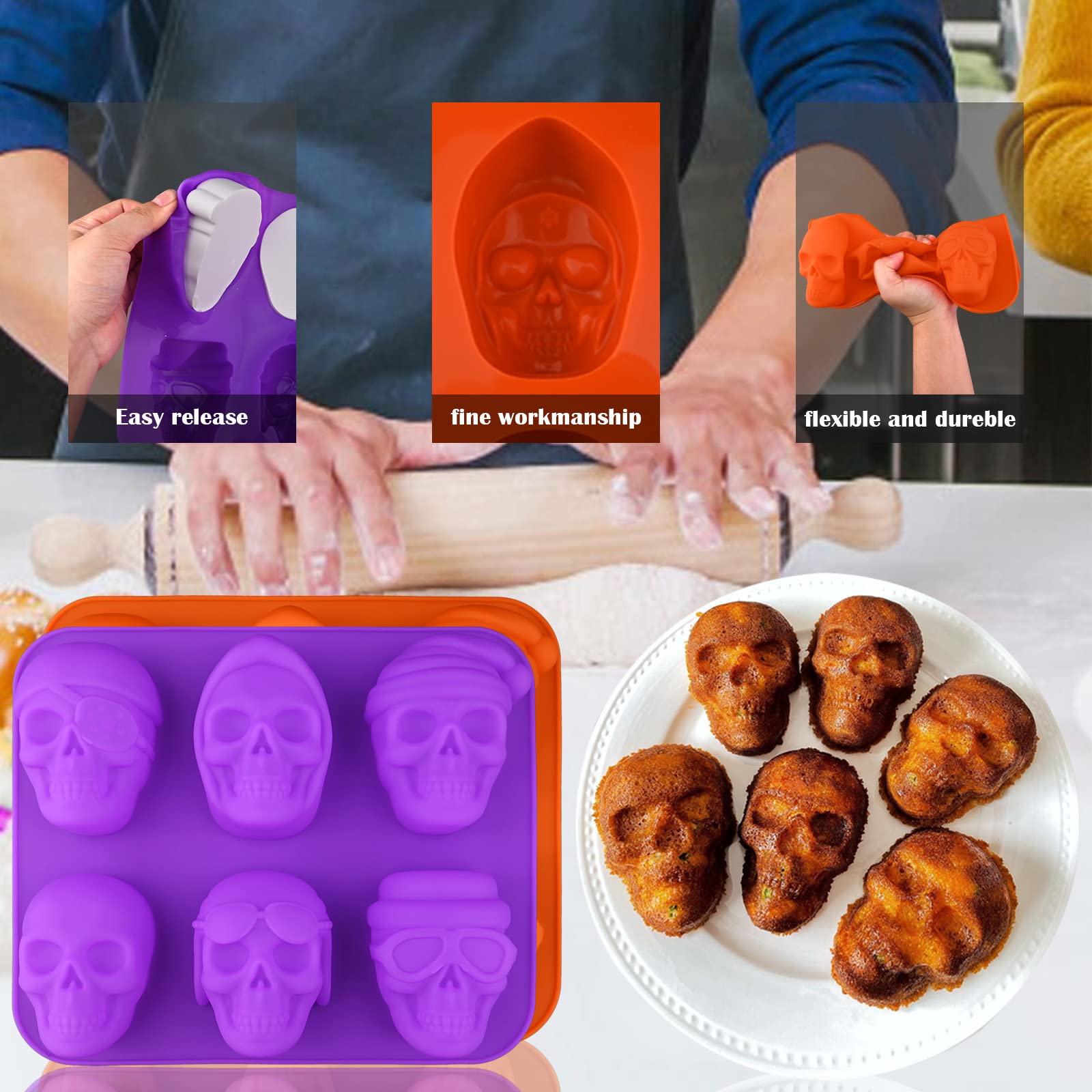 Sakolla Large Skull Cake Pan Silicone Molds, 2 Pack 6 Cavity Halloween Skull Cakeletchocolate Molds Candy Pizza Baking Molds Han