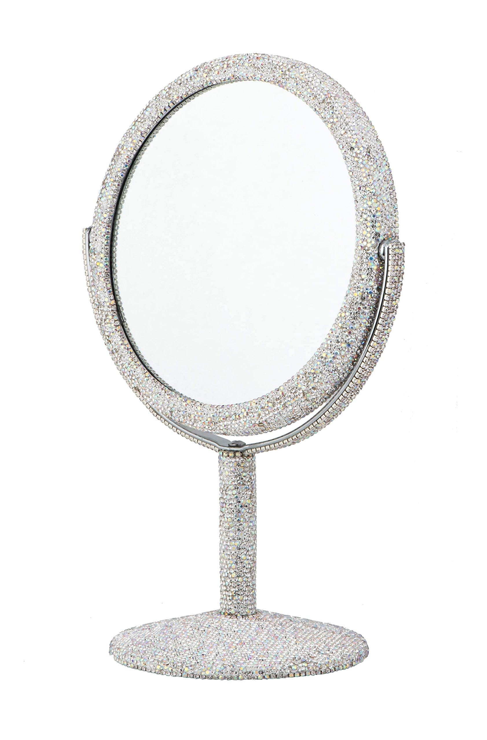 TISHAA Bling Makeup Vanity Mirror - Luxury Stand 2X Magnification Double Sided Glass Cosmetic Crystal Rhinestone Diamond Glitter Portable Desk Bathroom Bedroom Tabletop