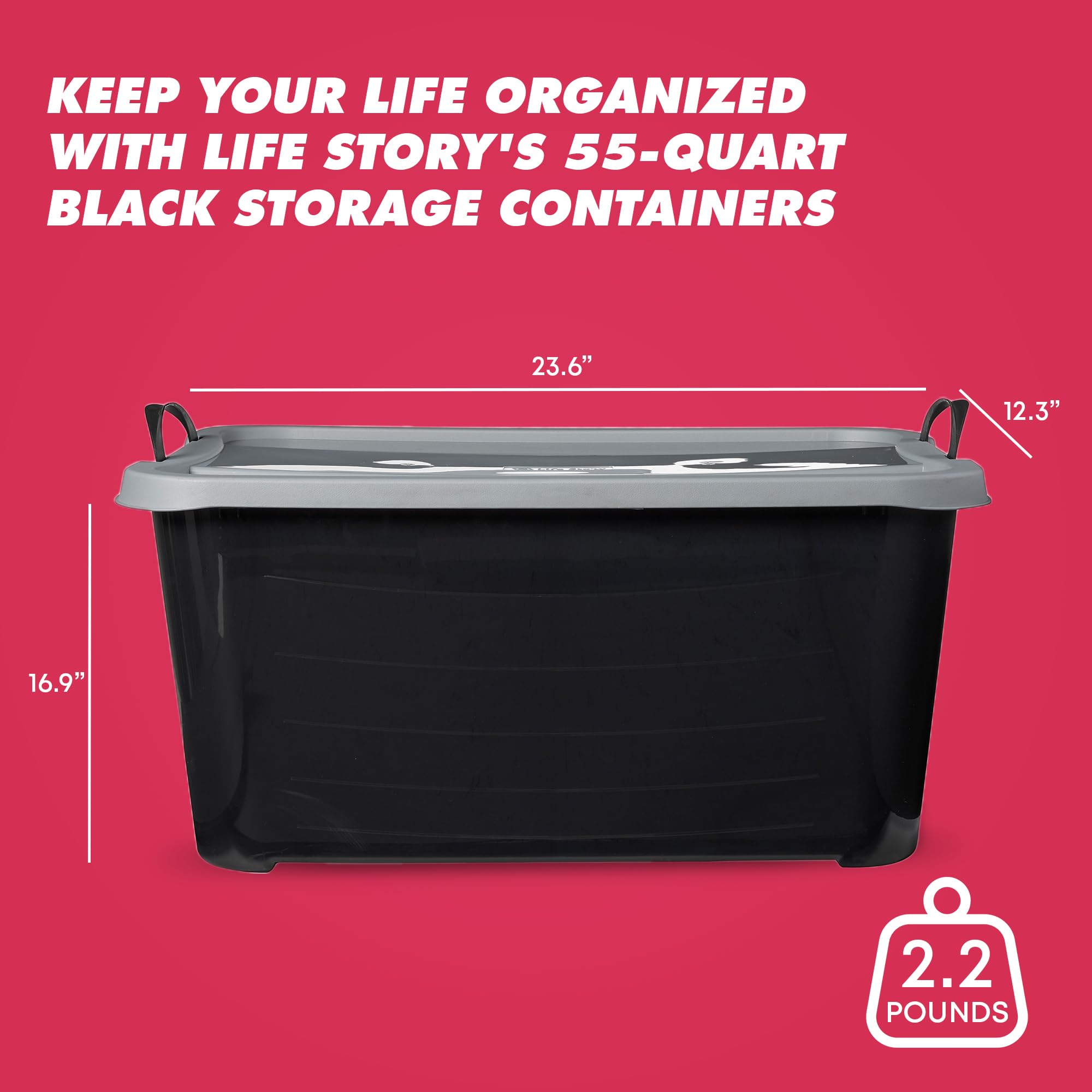 Life Story 18-Pack Stackable Plastic Storage Bins W/Handles & Snapping Lids, 55 Qt., Black