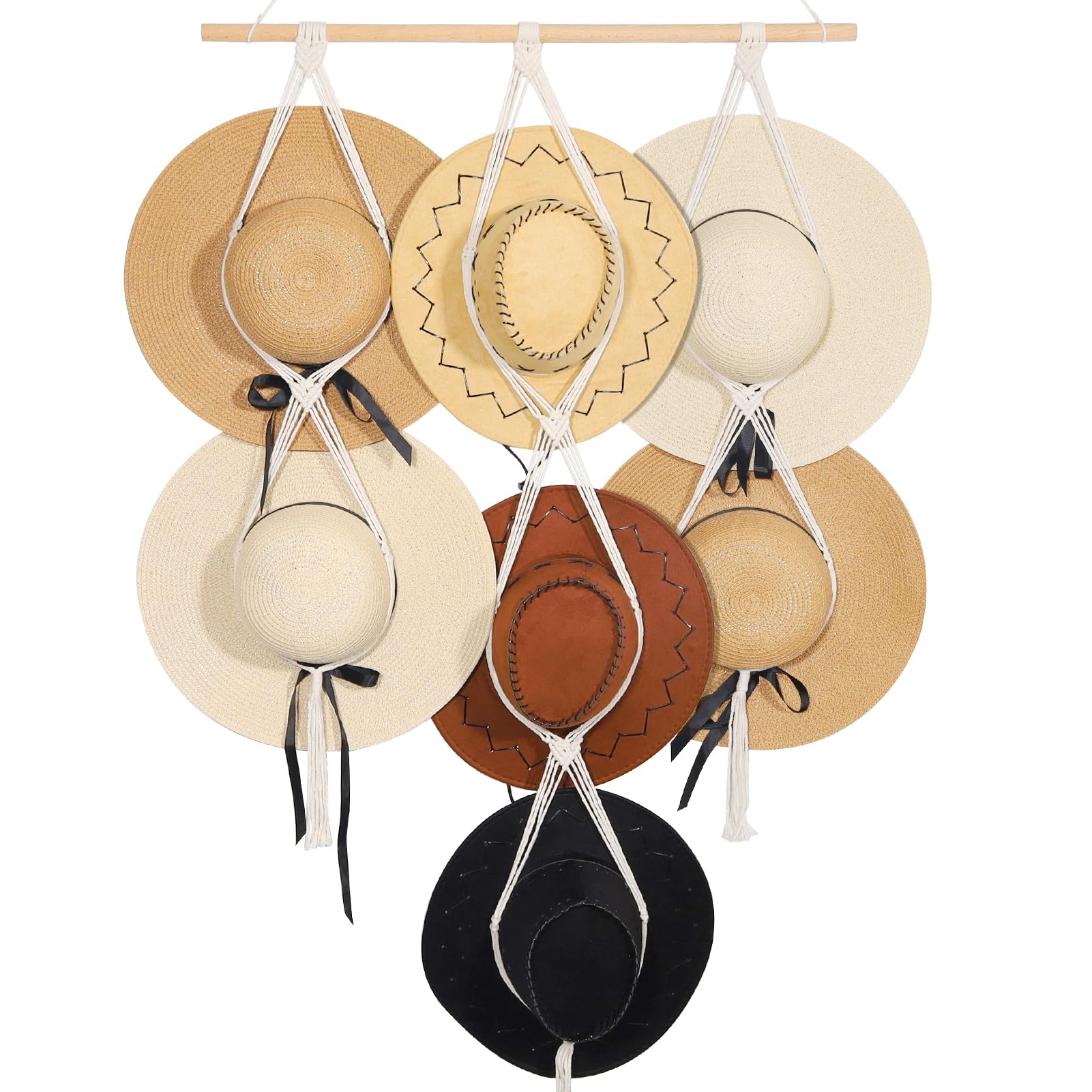 Zyp 7 Hats Style Macrame Hat Hangers Hat Rack For Wall,Women Decor Hat Holder,Bobo Hanging Hat Organizer Storage,Hat Display For
