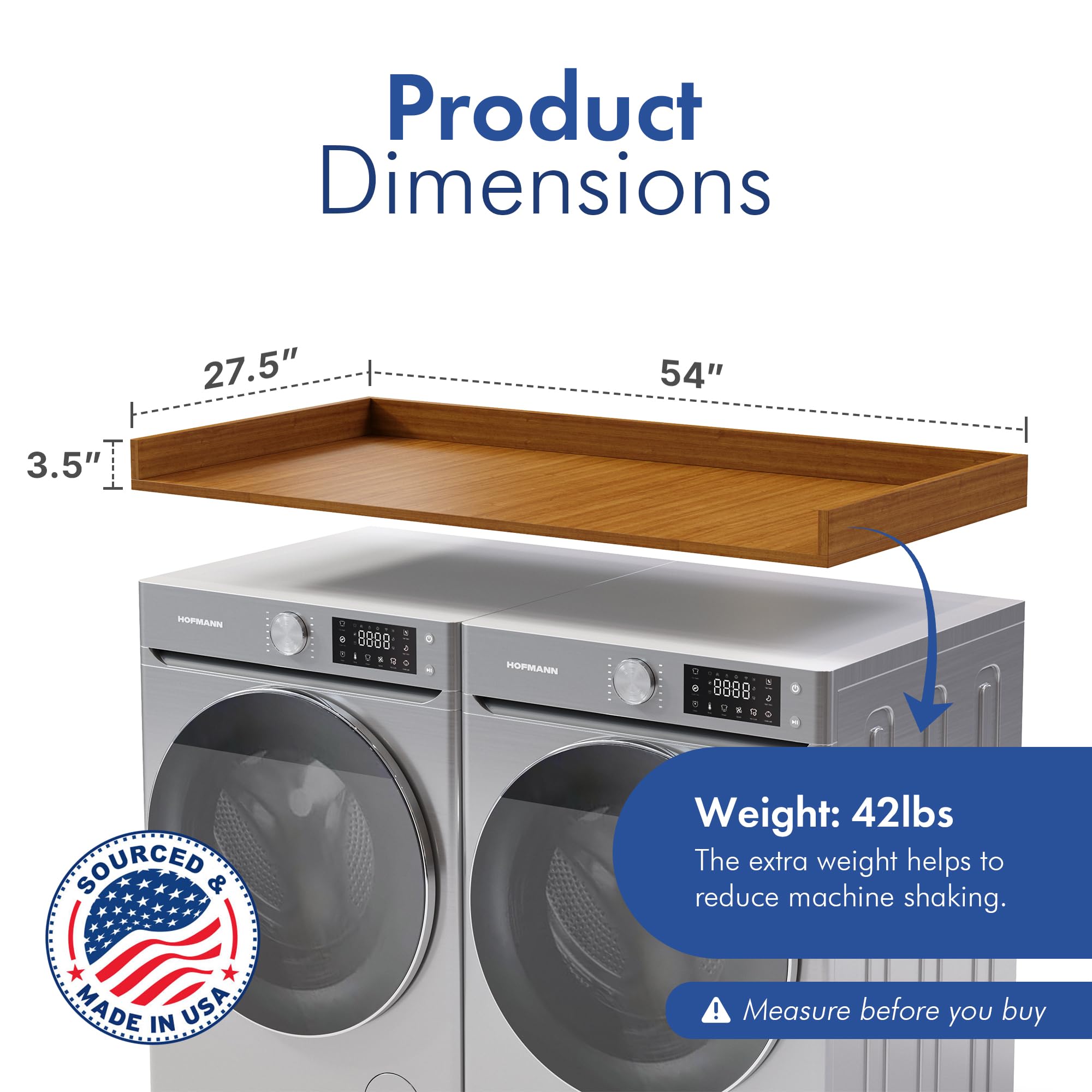 OfficeSimpli Washer Dryer Countertop, Black, 27.5" x 54", Non-Slip Pads, Made in USA
