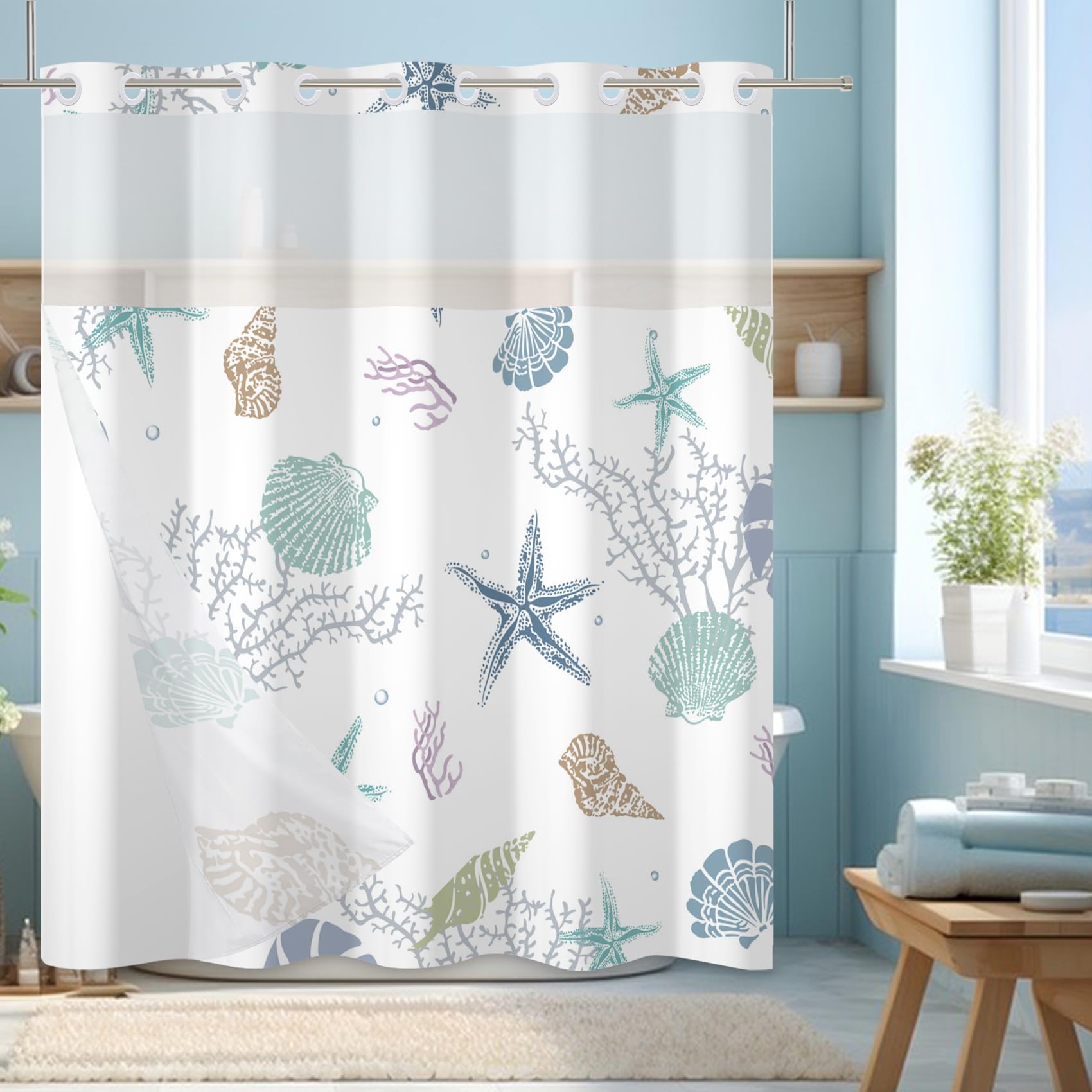 Yanutan No Hook Shower Curtain,Ocean Theme Double-Layered Shower Curtain With Snap-In Liner And Weights,Starfish Coral Nautical