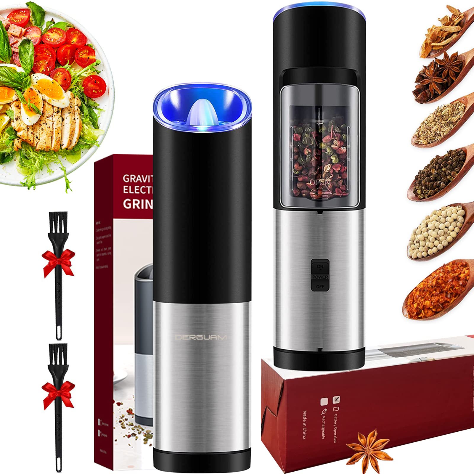 Derguam Gravity Electric Salt And Pepper Grinder Set, Stainless Steel Automatic Pepper And Salt Mill Grinder, Salt Grinder Spice