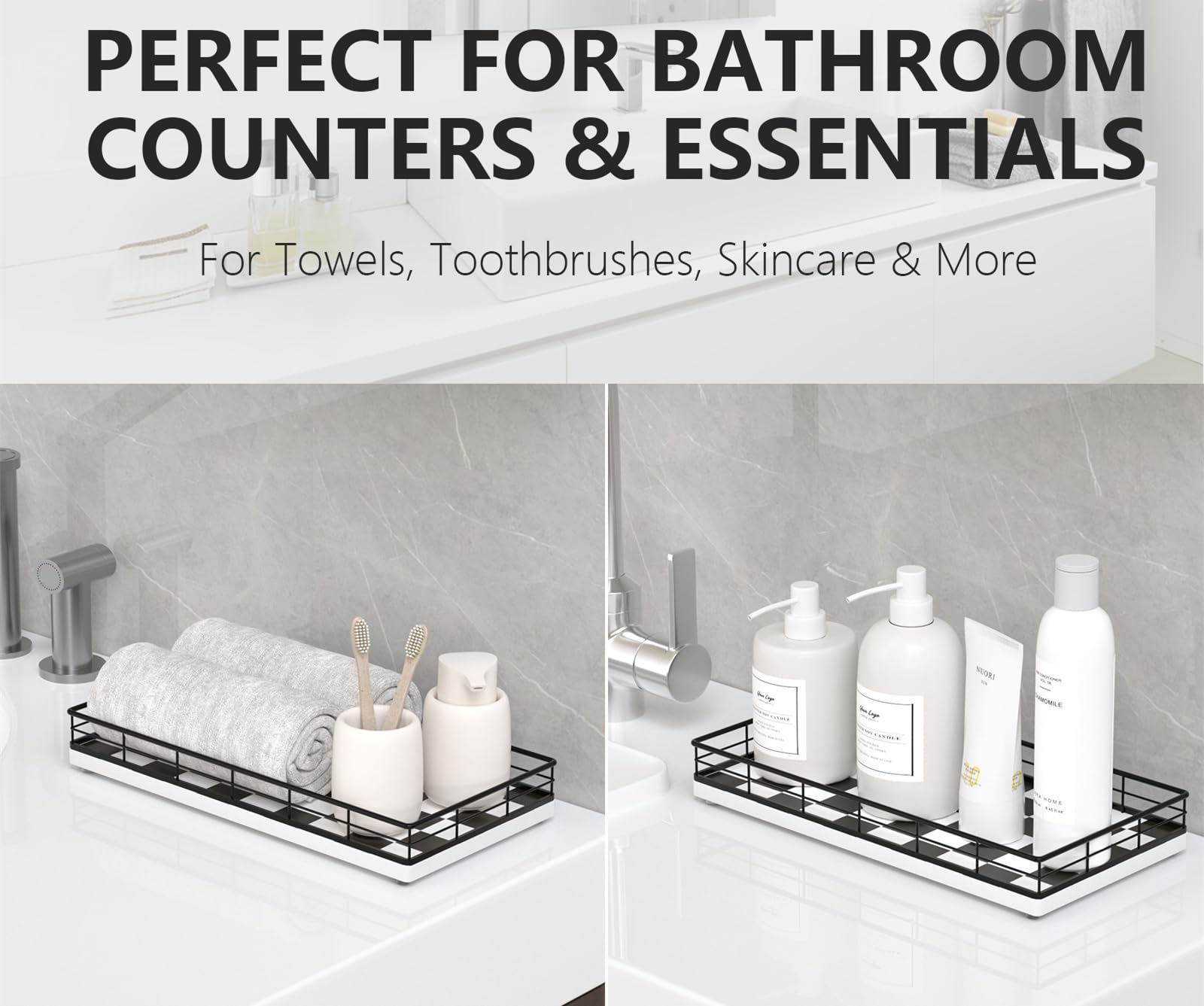 Toilet Tank Tray Organizer - Oak Wood Bathroom Counter Basket with Metal Frame, Back of Toilet or Tank Top Paper Holder Storage