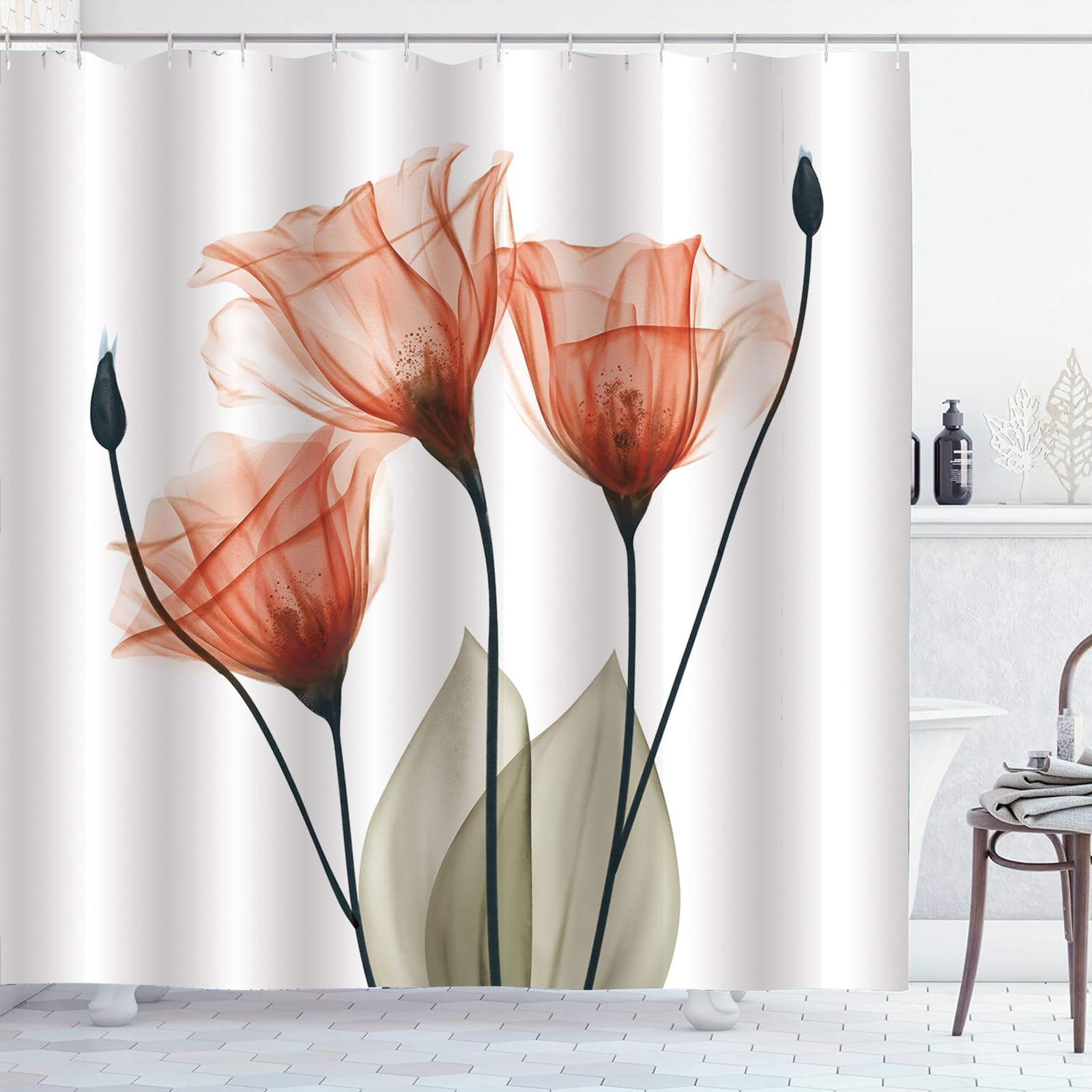 Zchomi Orange Floral Shower Curtain Watercolor Tulip Flower Shower Curtain For Bathroom Waterproof Polyester Fabric Bathroom Cur