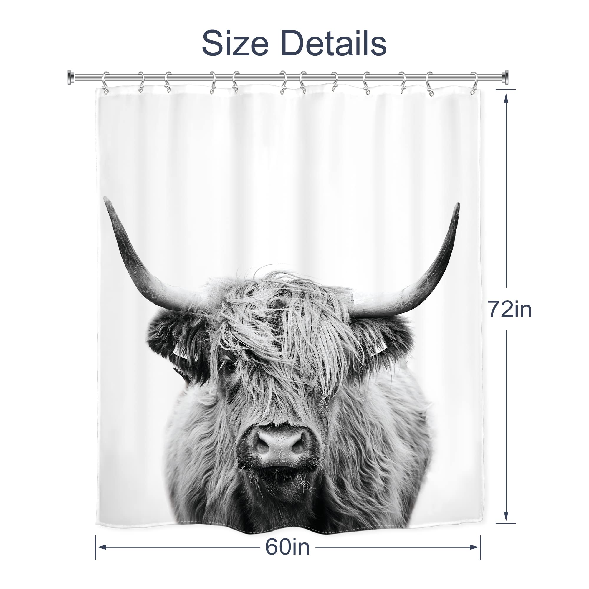 AMBZEK Farmhouse Highland Cow Shower Curtain 60Wx72L Inch Rustic Bull Portrait Western Cattle Country Restroom Accessories Funny Cute Farm Animal Grey White Fabric Bathroom Decor Set with 12 Hooks