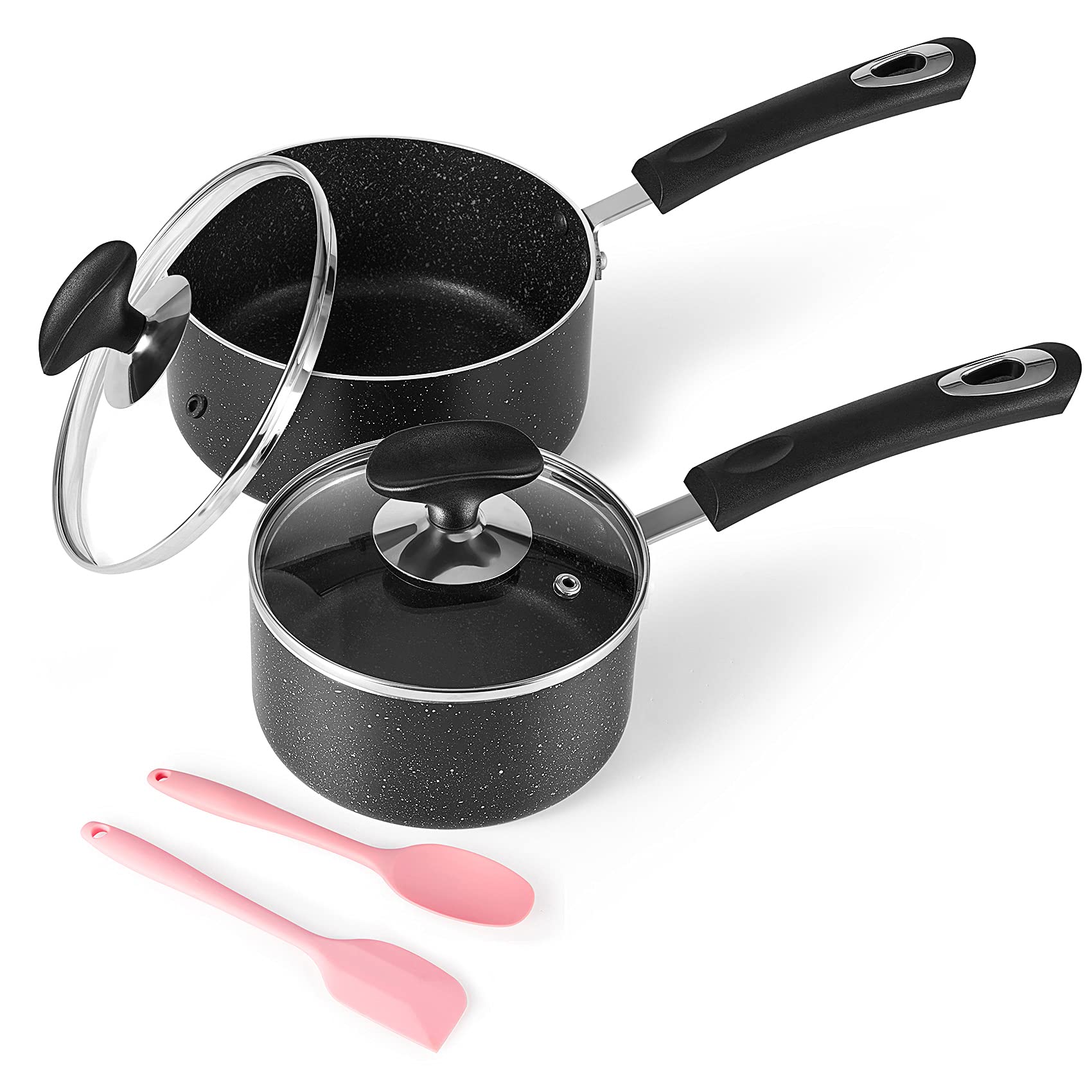 Hoojay Nonstick Saucepan Set With Lid, Non Stick 1Qt & 2Qt Sauce Pan Set With Glass Lid Small Pot For Home Kitchen