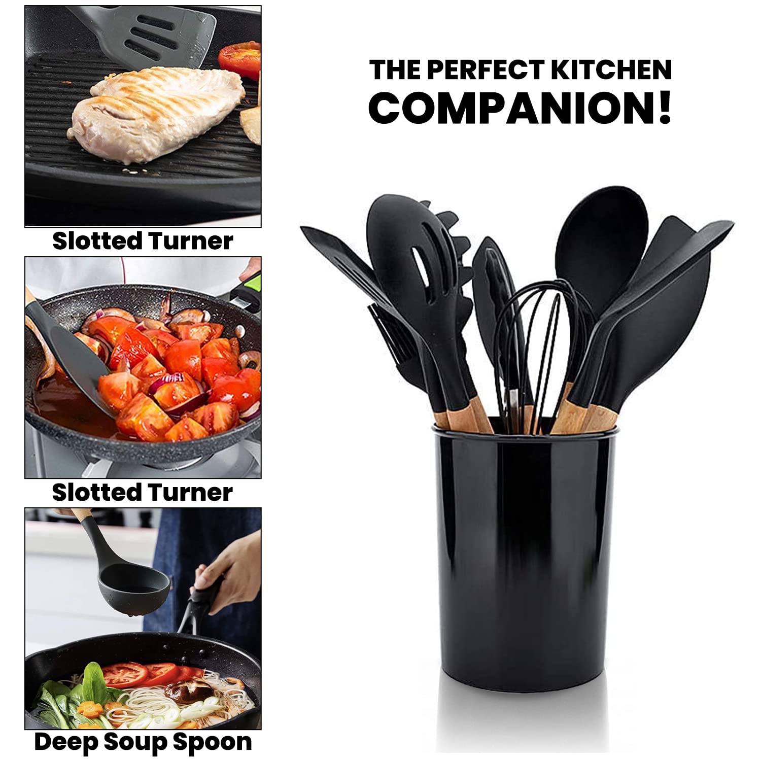 12 Pieces Kitchen Silicone Utensils Sets Cooking Utensils Sets Wooden Handle Spoon Tong Heat Resistant Non Stick Cookware Spatul