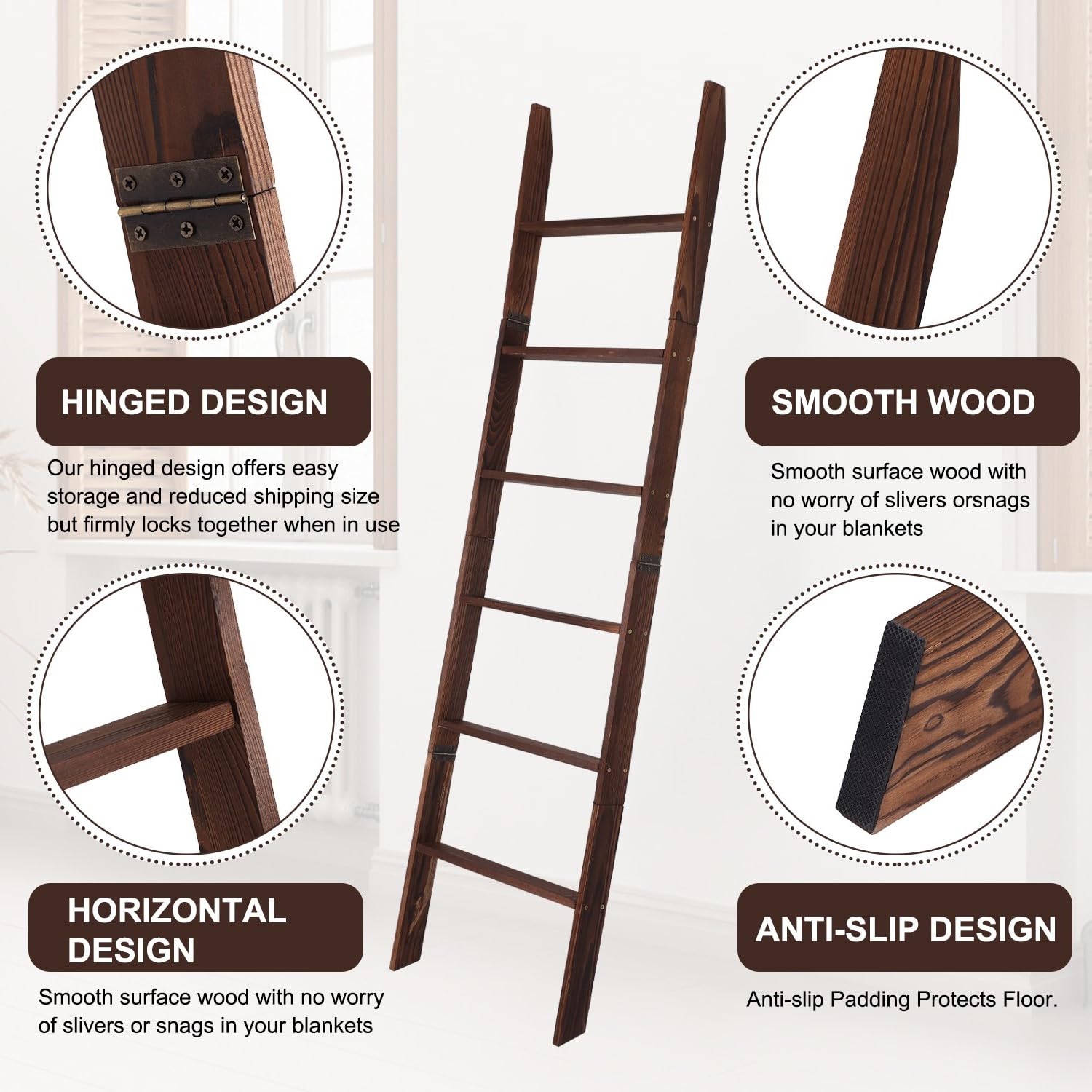 Zelbuck Blanket Ladder For Living Room And Bedroom,6-Tier Decorative Display Ladder Shelf,Ladder Rack For Storage And Decor,Wall