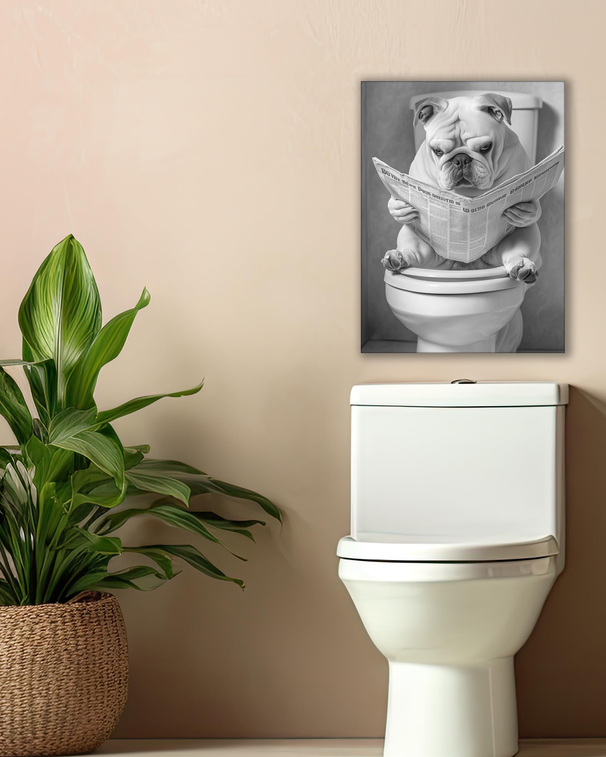 Upwoigh Bathroom Wall Art, Black And White French Bulldog Dog Reading The Newspaper Wall Docer, Wood Framed Canvas Wall Art Anim