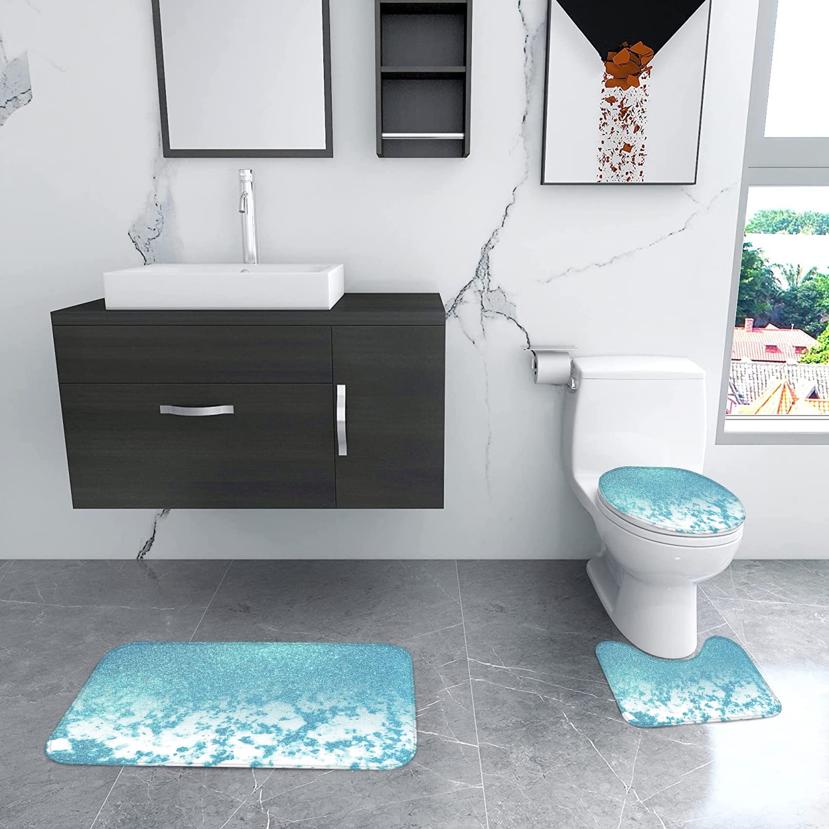 Beifivcl 4Pcs Blue Flash Shower Curtain Sets With Non-Slip Rugs, Toilet Lid Cover And Bath Mat, Glitter Marble Bathroom Decor Se