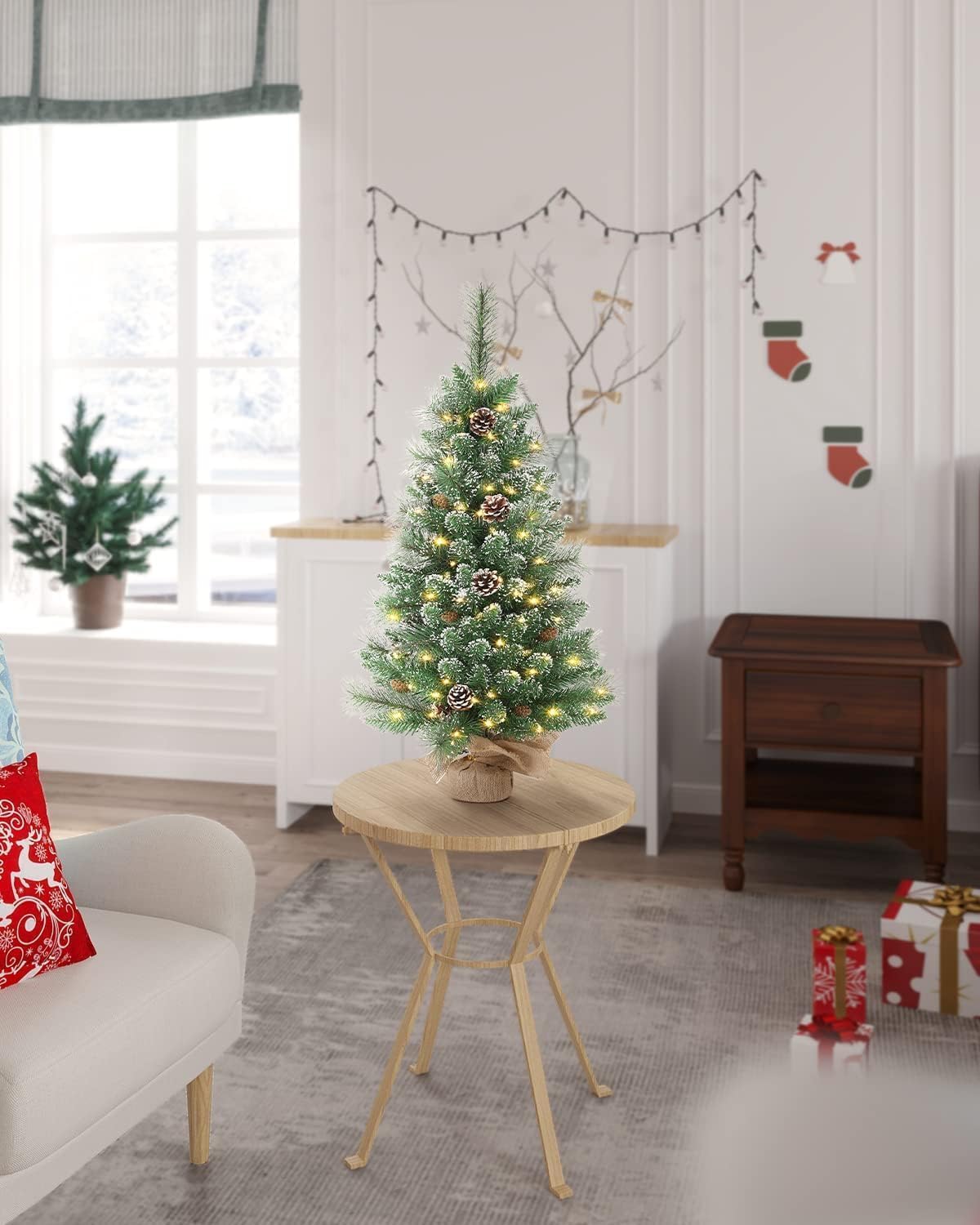 Tabletop Christmas Tree, 3FT Burlap Base with 35 LED Lights, White Tipped Branches, Prelit Small Artificial Tabletop Snow Flocke
