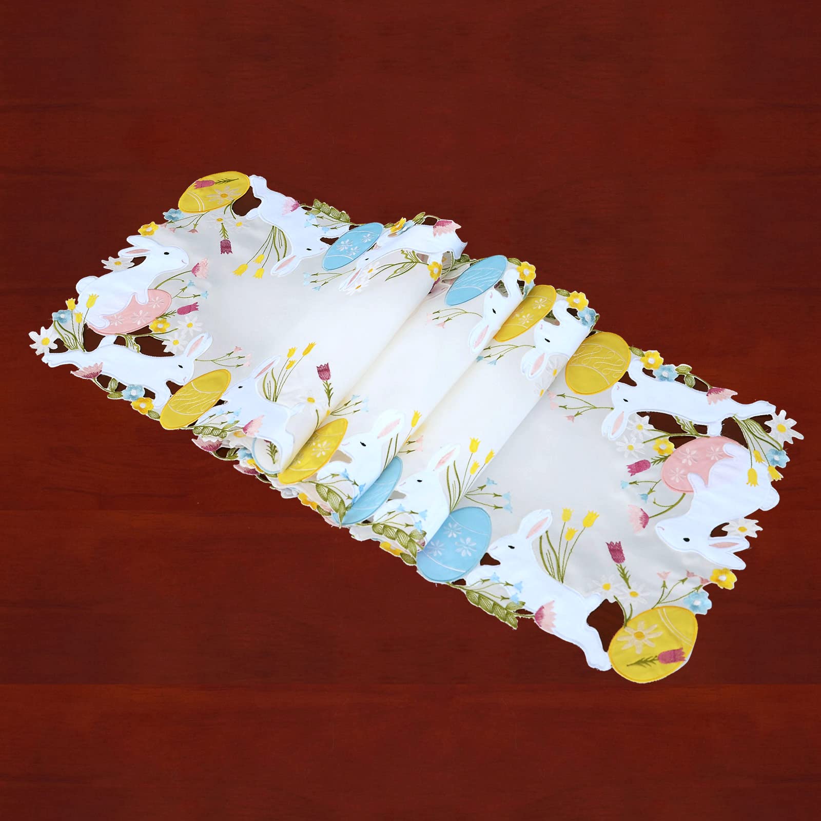 Simhomsen Embroidered Colorful Eggs And Bunny Table Runners Dresser Scarf For Easter Holiday Or Spring Season (14 X 53 Inches)