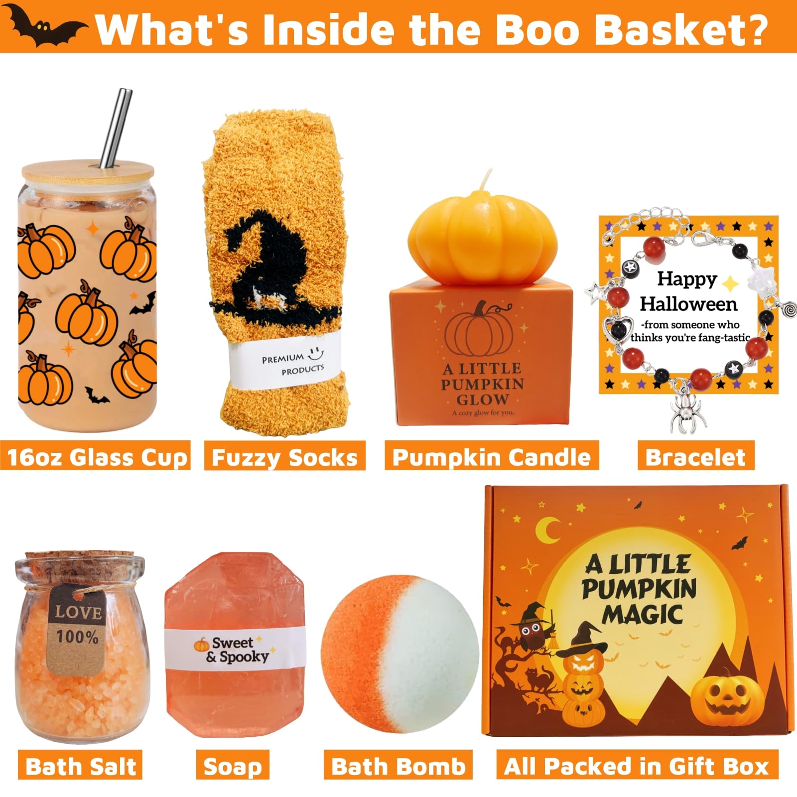 UURM Boo Basket Gift for Women, 7 Spooky Gift Set Including Glass Cup, Halloween Pumpkin Gifts for Friends Teen Girls (Pumpkin)