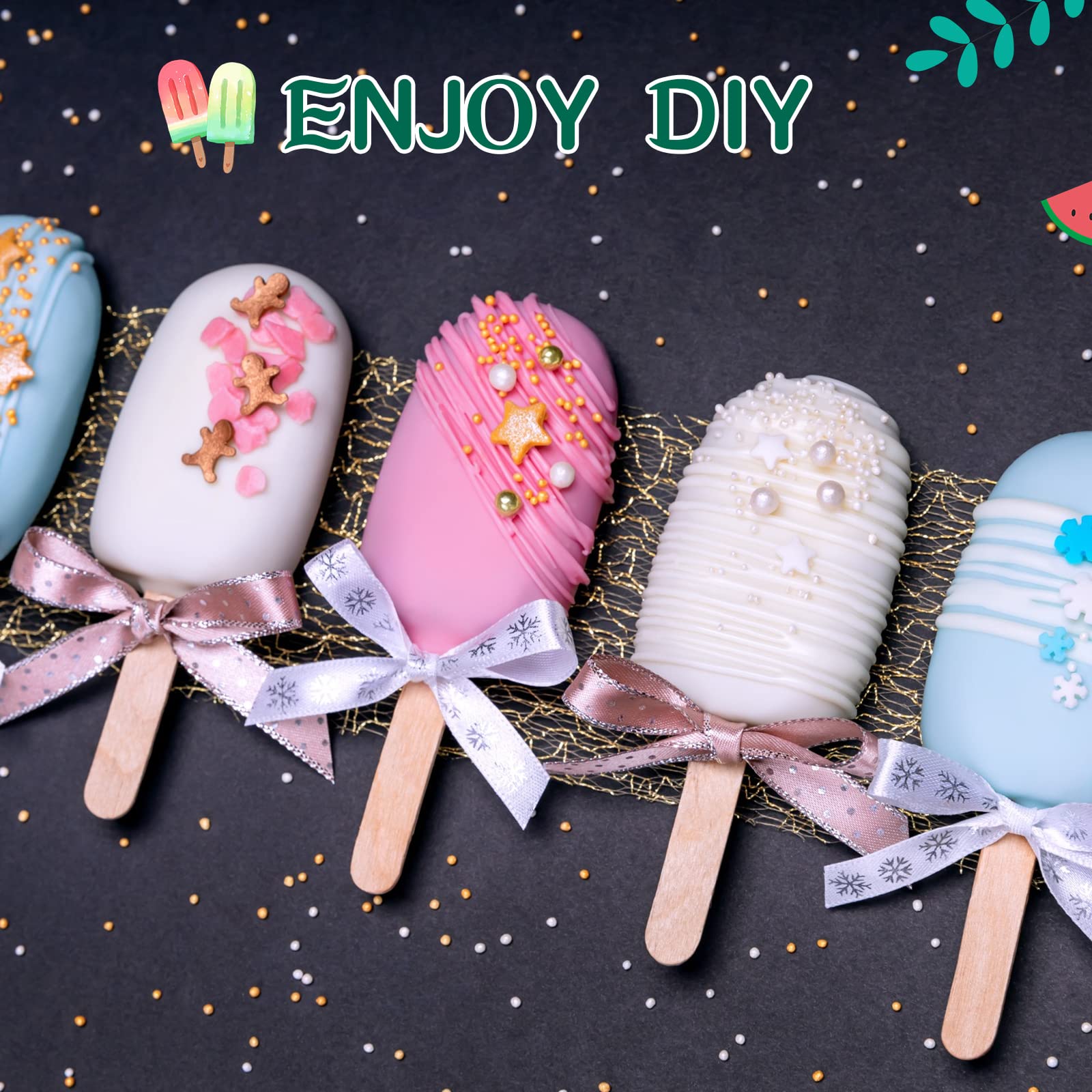 Irenare 12 Pcs Cakesicle Molds Set, 4 Cavities Ice Pop Mold Silicone Cake Pop Mold Ice Cream Molds Oval With 400 Wooden Sticks F