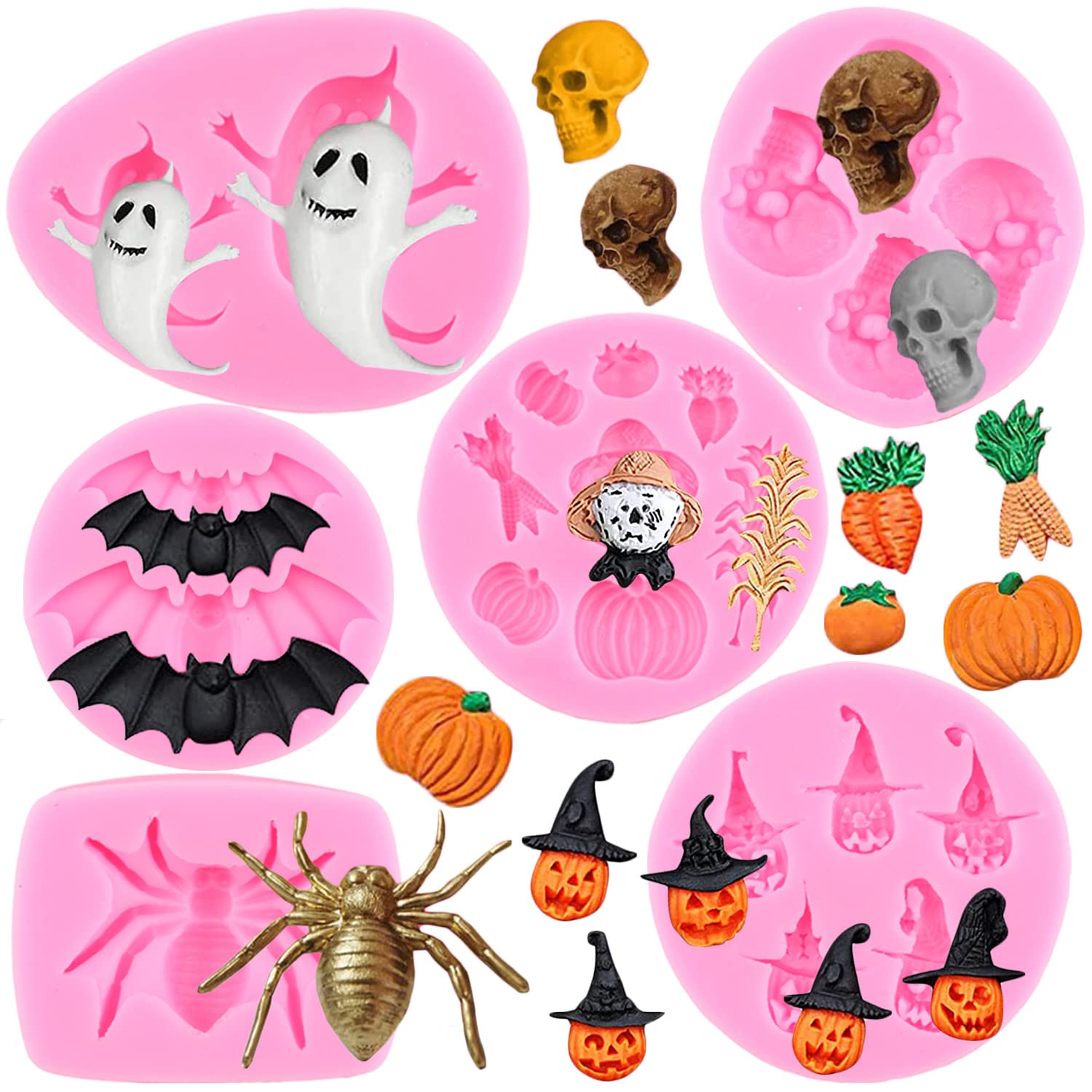 Miyahouse Halloween Fondant Cake Molds Skeleton Head Skull Silicone Mold Spider Bat Pumpkin Ghost Candy Mold For Halloween Cake