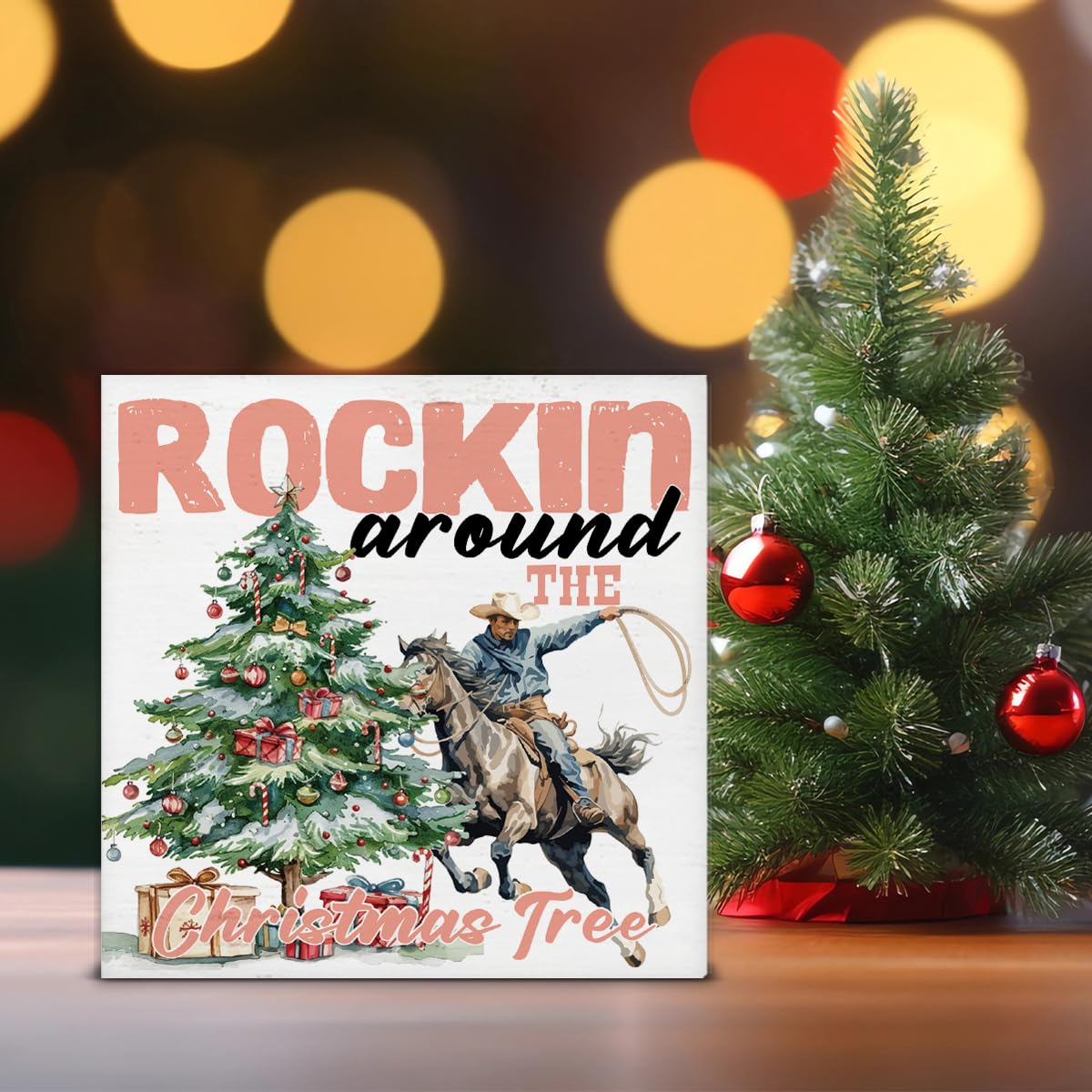 Western Christmas Decorations, Christmas Tree Wooden Sign, Christmas Room Decor, Christmas Decor for Desk Table Shelf 5 x 5 Inch