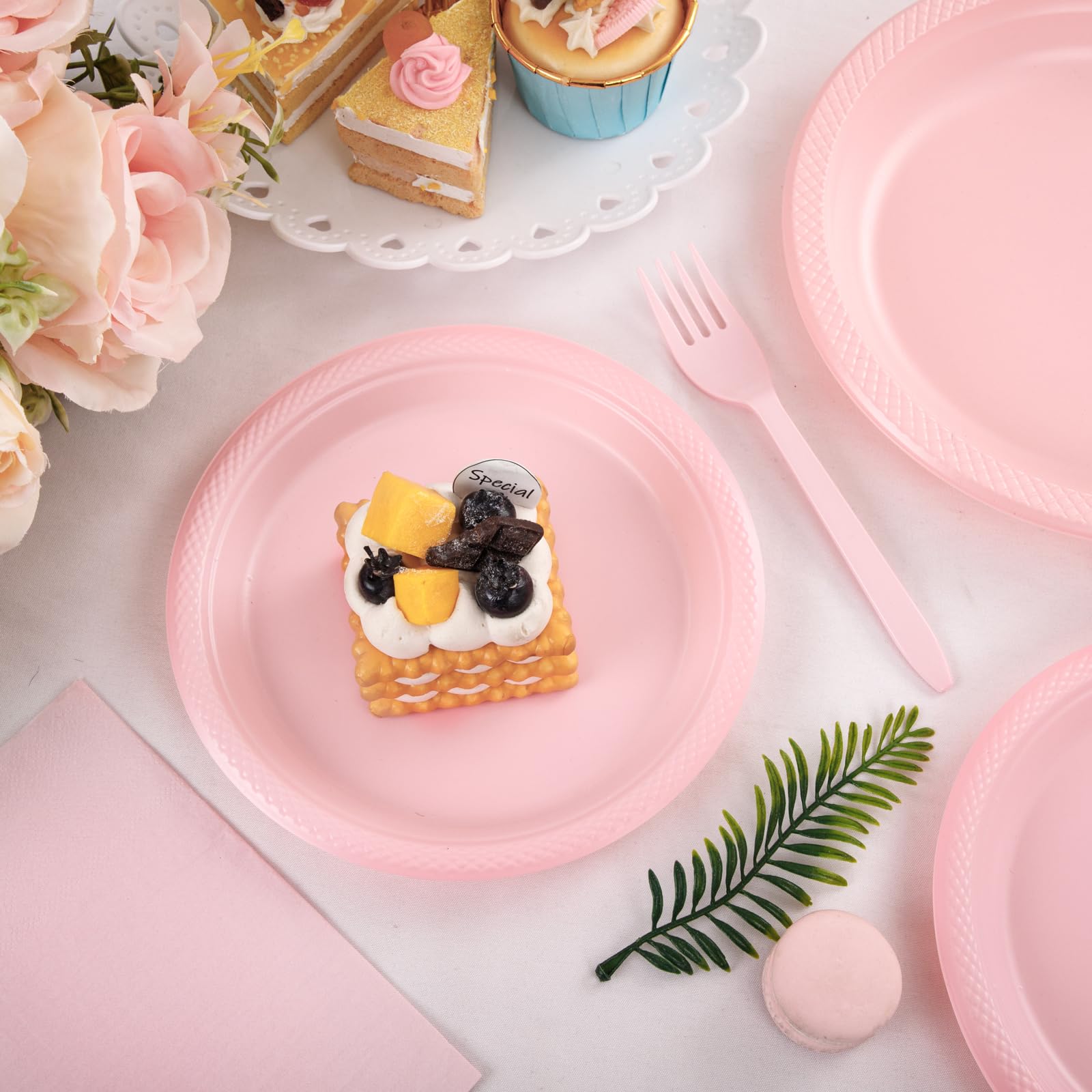 Mirthmood 350Pcs Pink Party Supplies Set,Valentines Day Plates Including Pink Plastic Plates, 12Oz Pink Cups, Pink Plastic Cutle