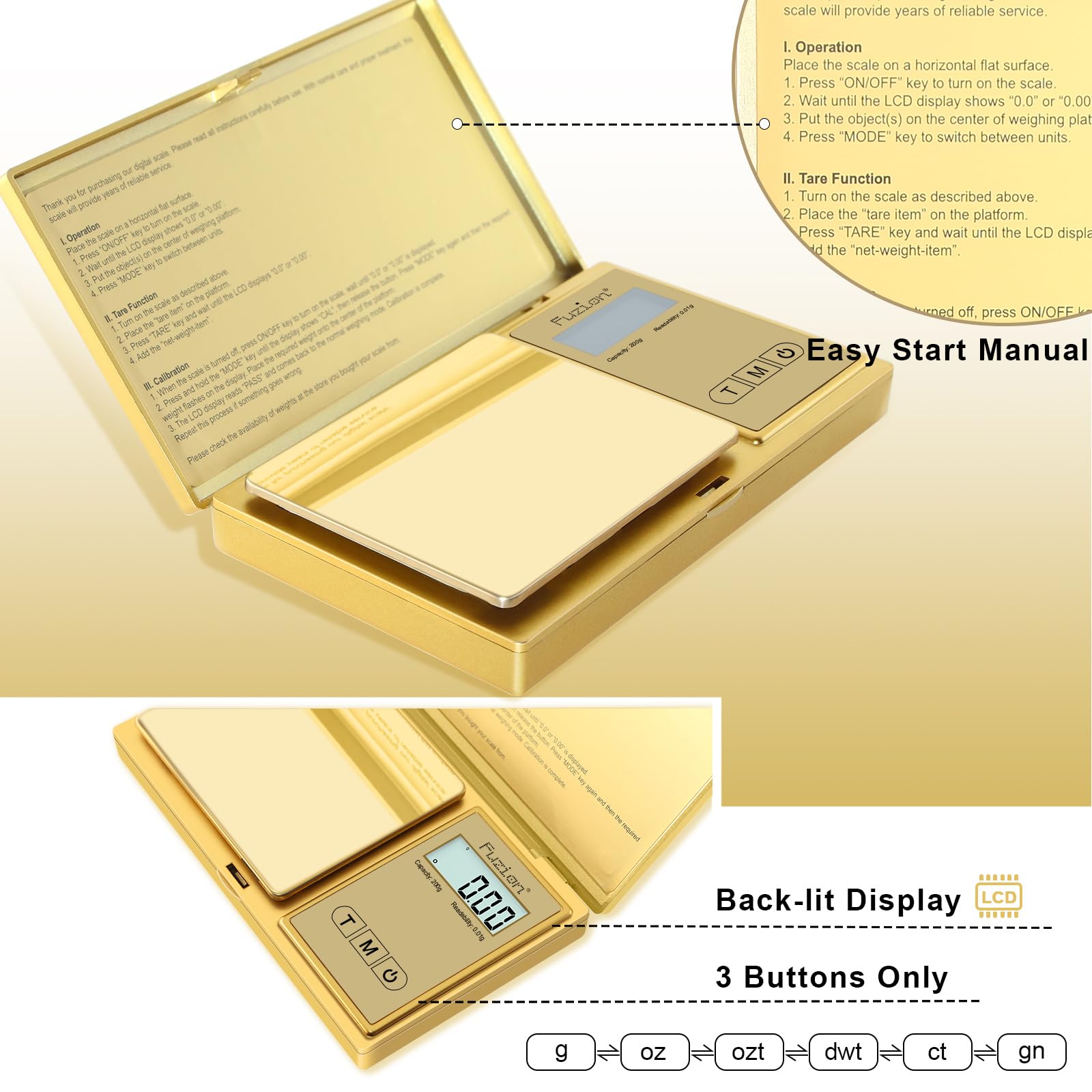 Fuzion Gram Scale, 200Gx0.01G Digital Pocket Scale Gold Titanium Plating, High Precision Small Scale, 6 Units Jewelry Scale With