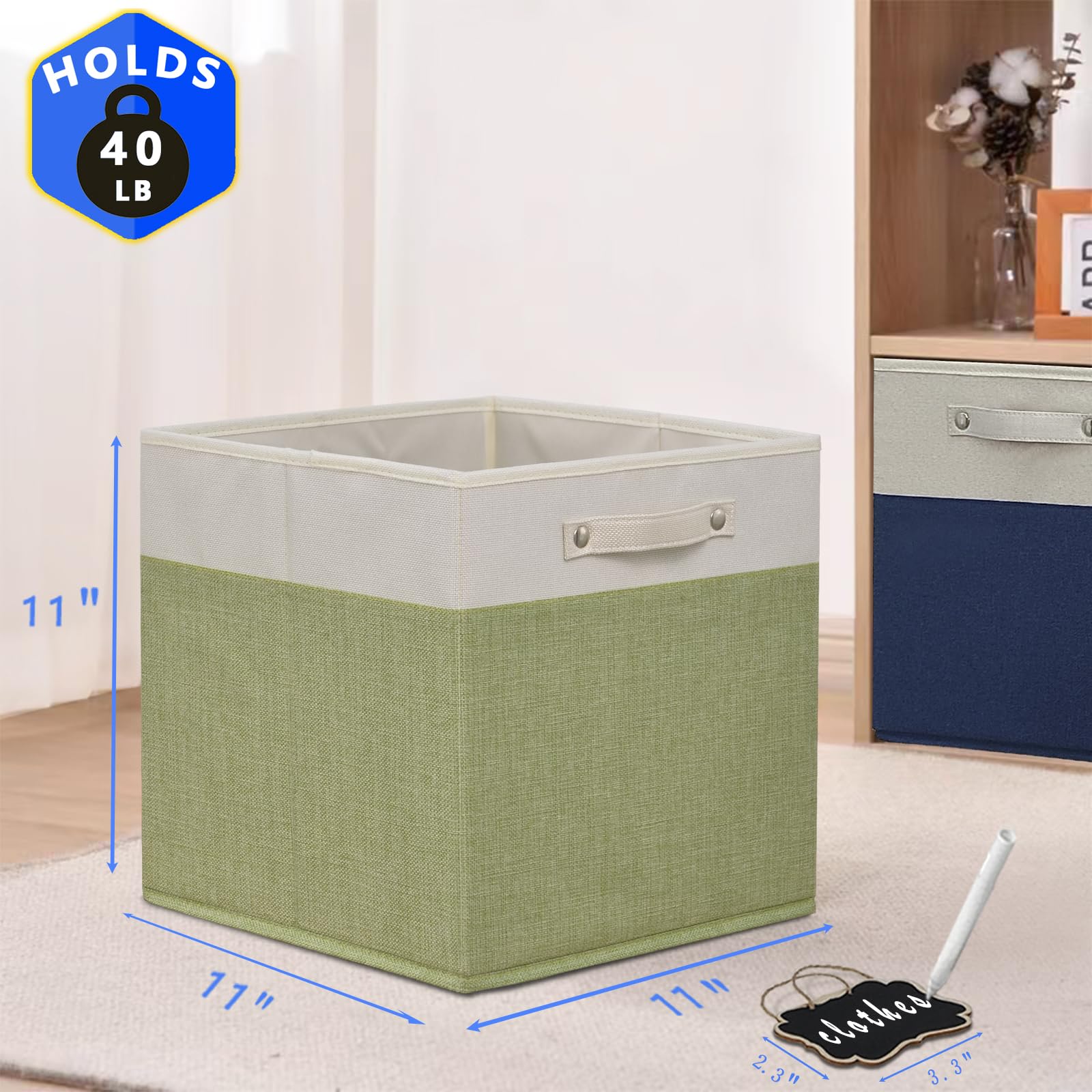 11 Inch Cube Storage Bin,Collapsible Fabric Storage Cubes With Labels 4 Pack,Linen Cube Storage Organizer Bins With Cotton Handl