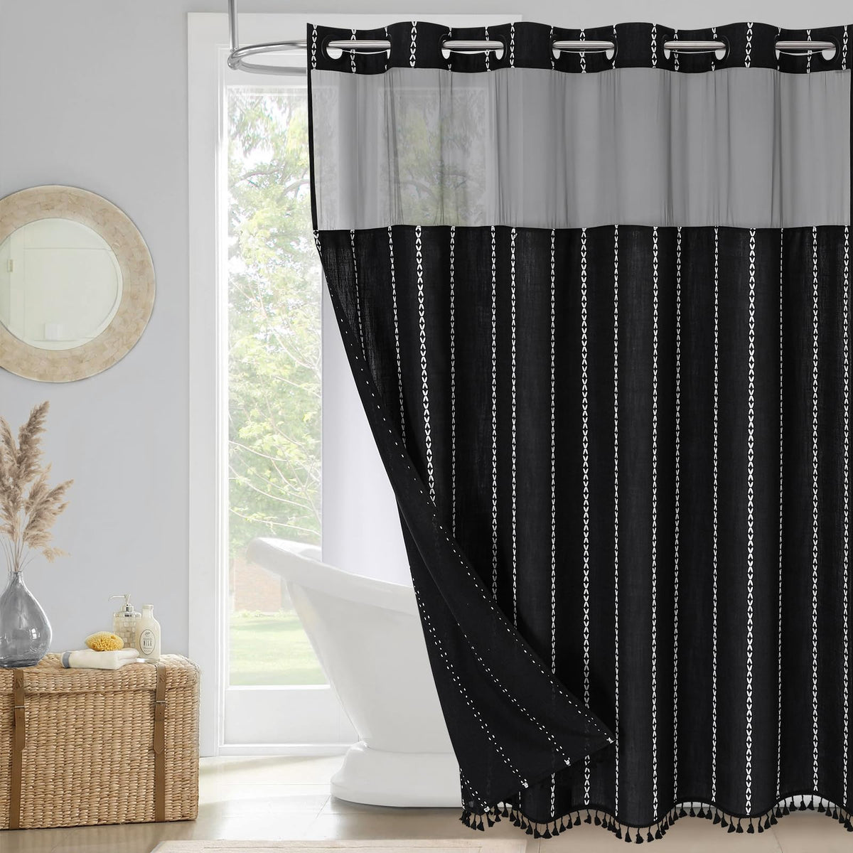 Mitovilla No Hooks Required Boho Farmhouse Shower Curtain With Snap-In Liner, Taupe Cotton Linen Fabric Shower Curtains With Tas