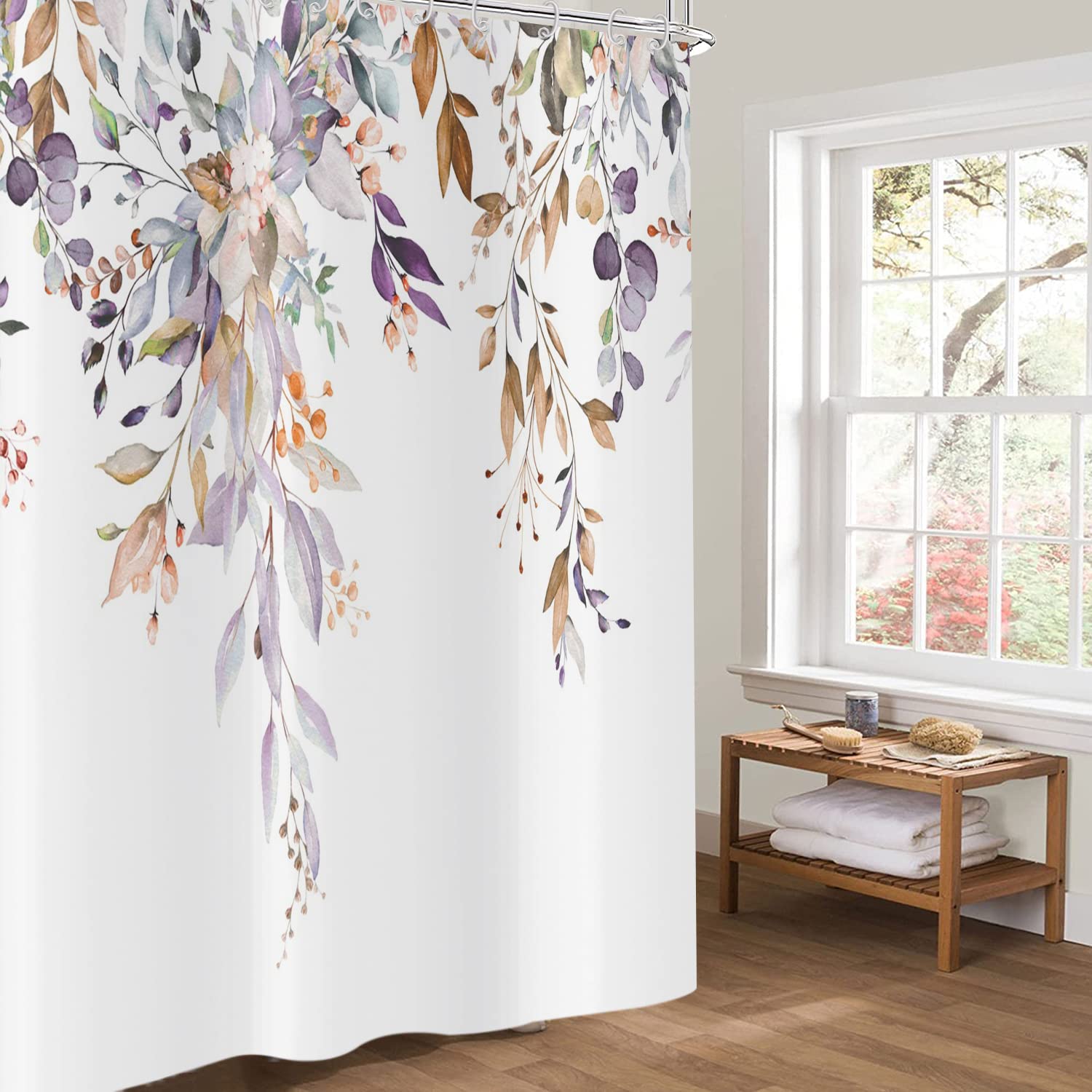 Gcirec Leaf Shower Curtain, Light Purple And Tan Eucalyptus Leaves Botanical Plants On The Top Fabric Bathroom Curtain Home Deco