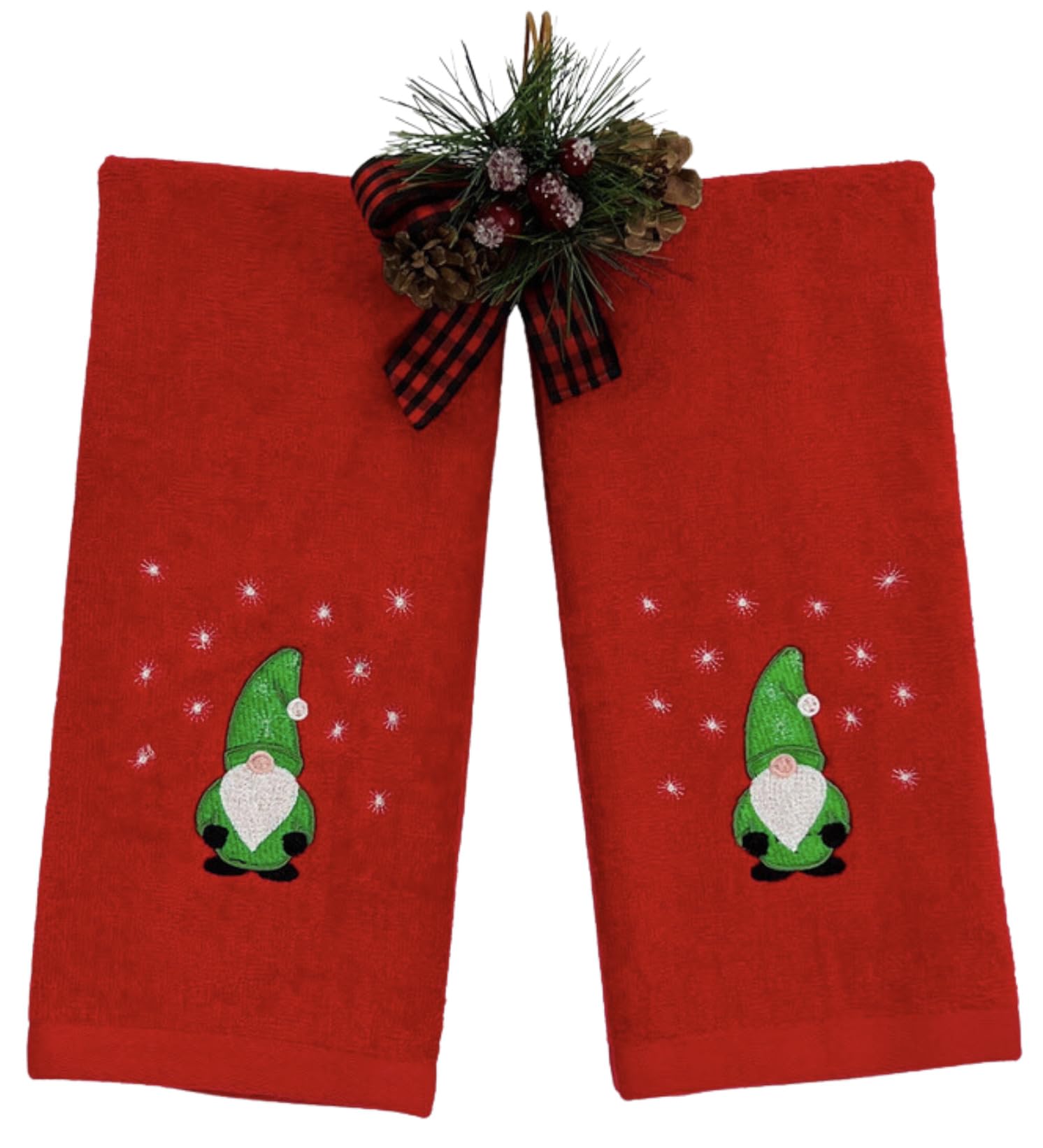 Serafina Home Holiday Christmas Guest Hand Towels: Festive Embroidered Gnome Country Farmhouse Red Terrycloth Towels With Winter