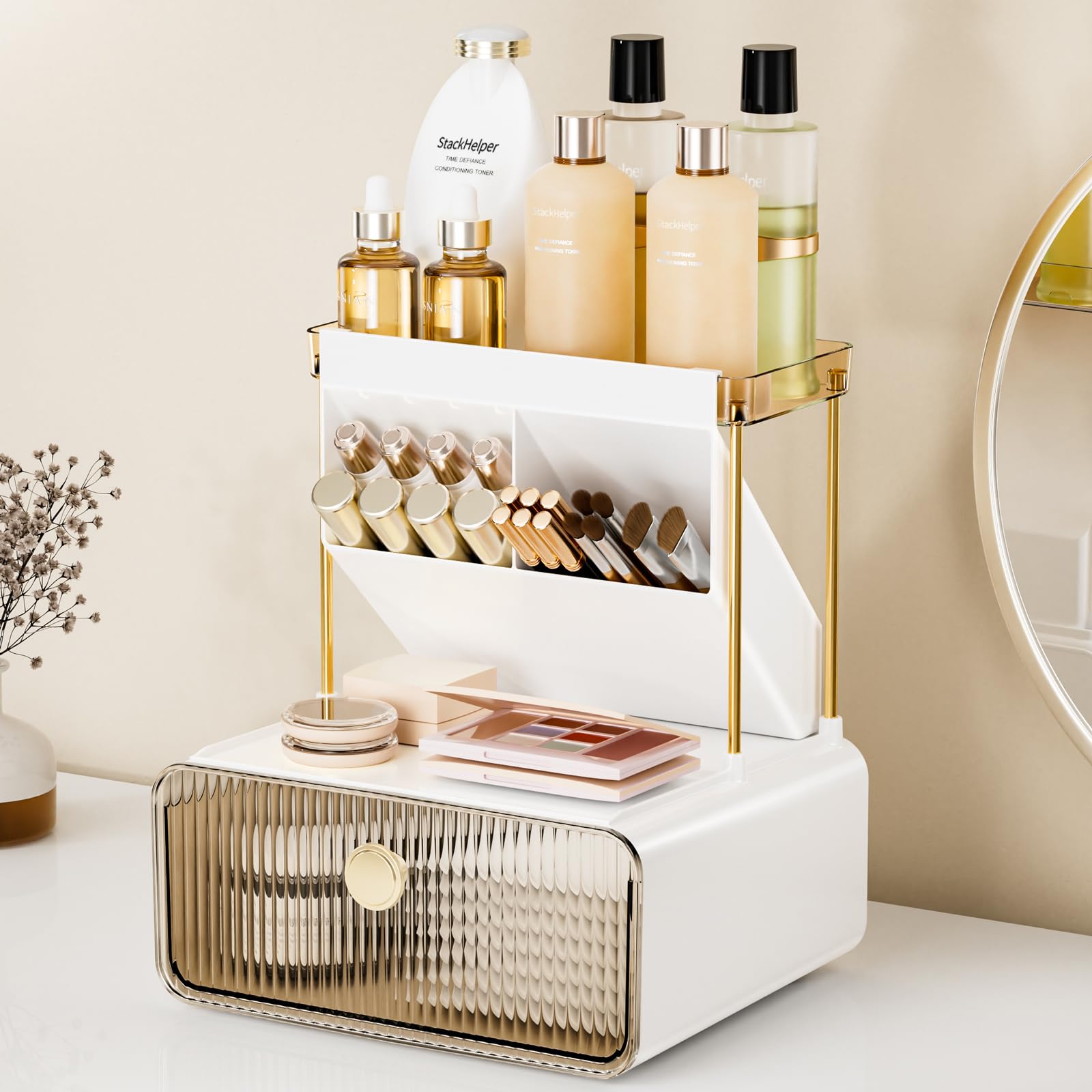 StackHelper 2-Tier 1-Drawer Bathroom Counter Organizer, Multi-Purpose Makeup Organizer Countertop, Ideal for Present, Easy to In