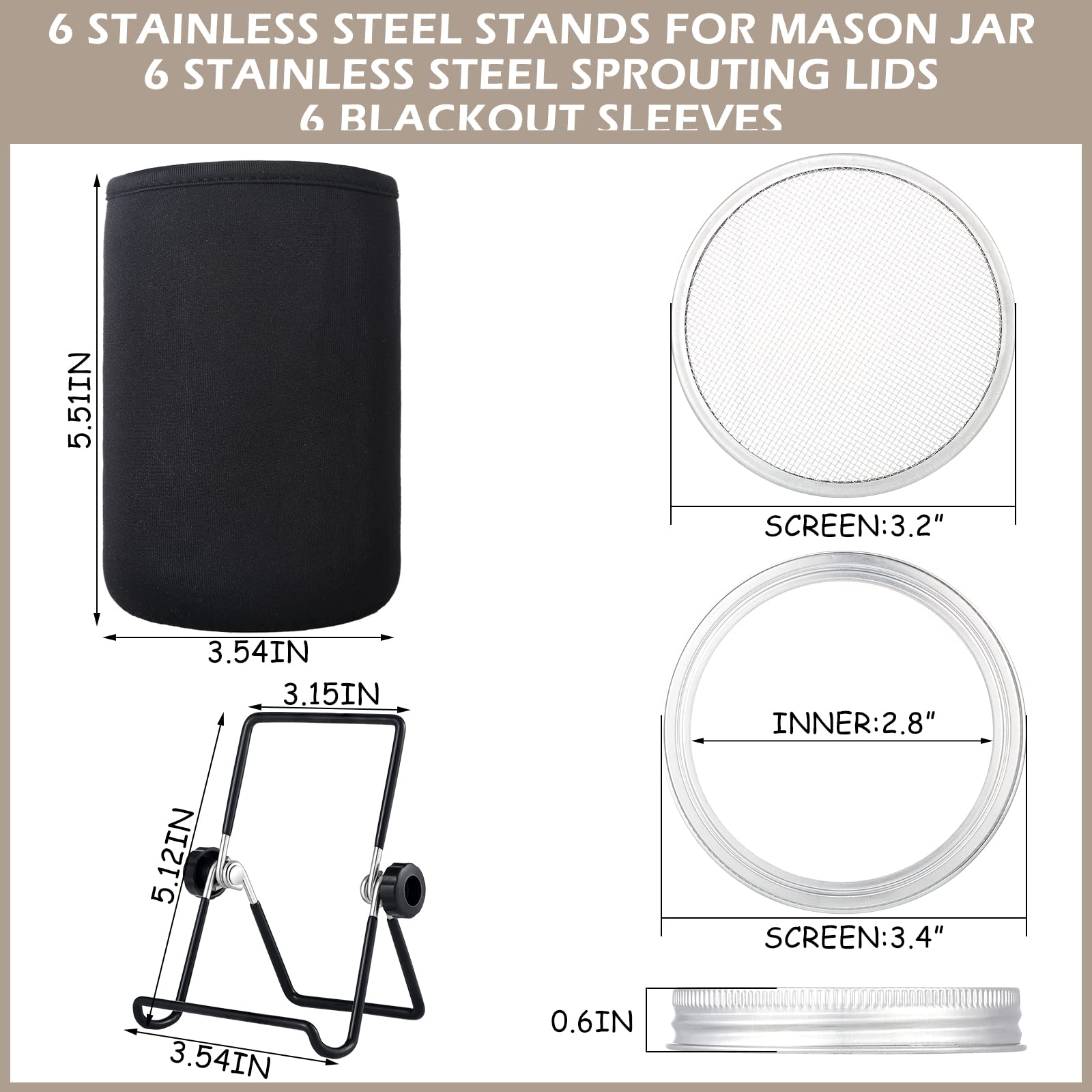 6 Pack Sprouting Lids With Stainless Steel Sprouting Jar Stands, Blackout Sleeves, Sprouting Kit For Wide Mouth Mason Jar, Organ